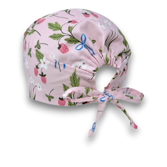 Spring Strawberries Skull tie-back style surgical scrub cap for men by Paradise Caps.