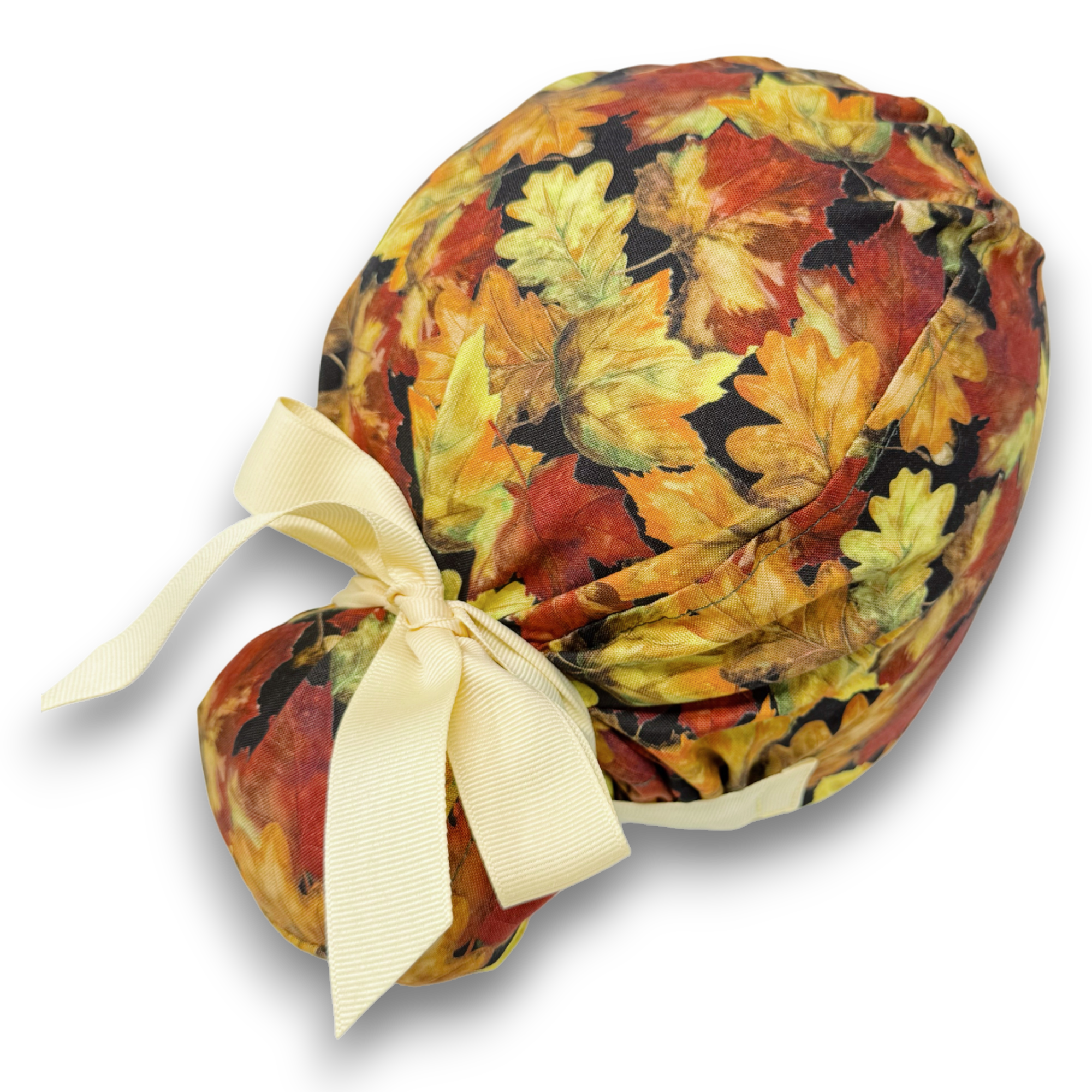 Fall leaves Euro scrub cap with ties for Women by Paradise Caps. Euro PLUS style.