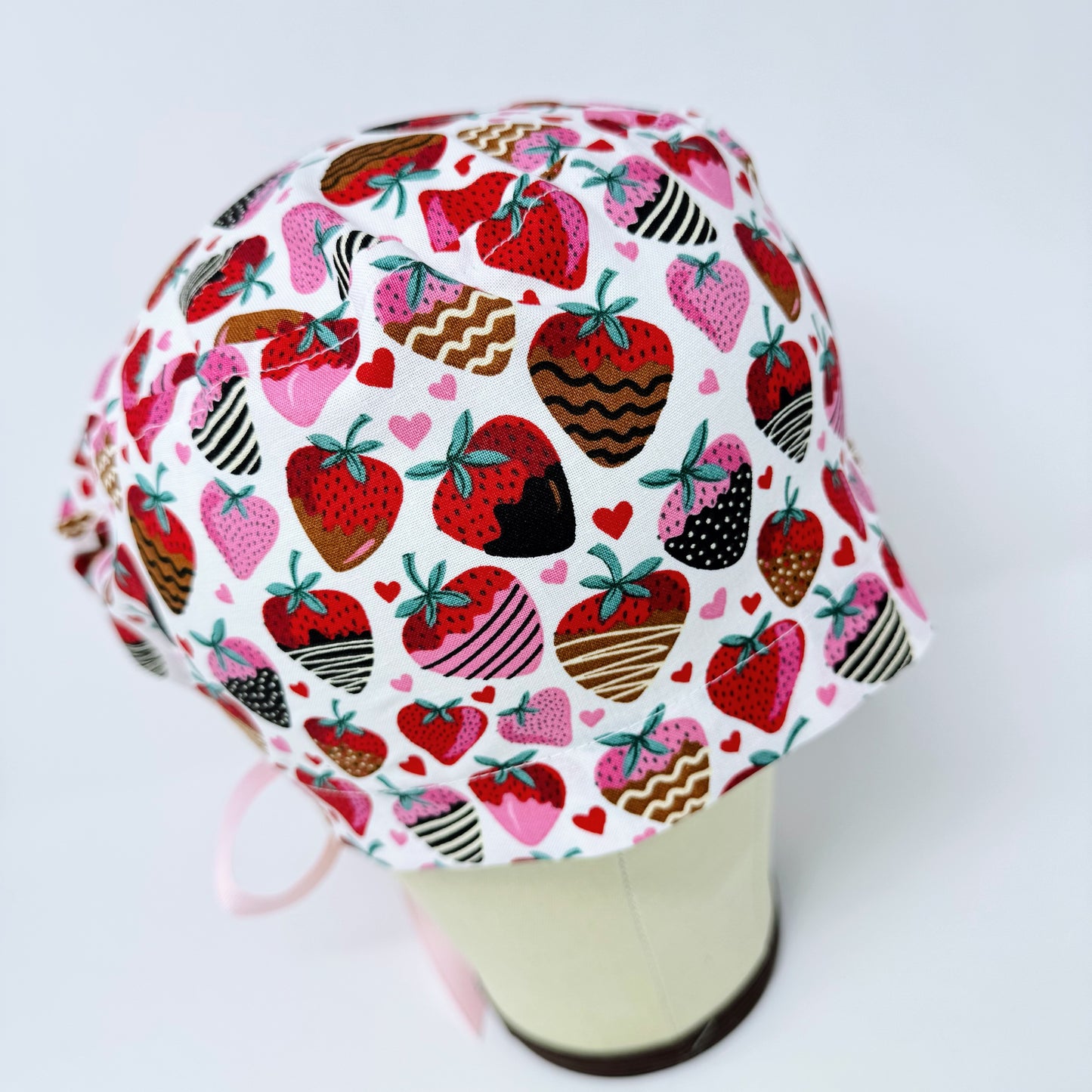 Valentine's day Euro scrub cap with ties for Women, Strawberry European Surgical cap with Satin Lined by Paradise Caps.