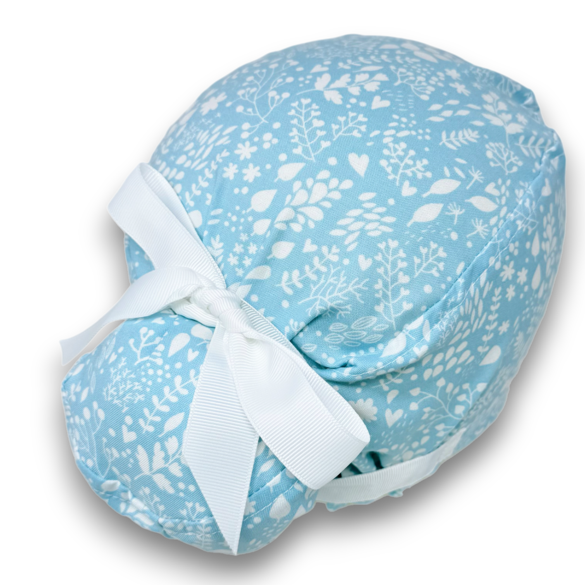 Light Blue Floral Euro scrub cap with ties for Women by Paradise Caps. Euro PLUS style.