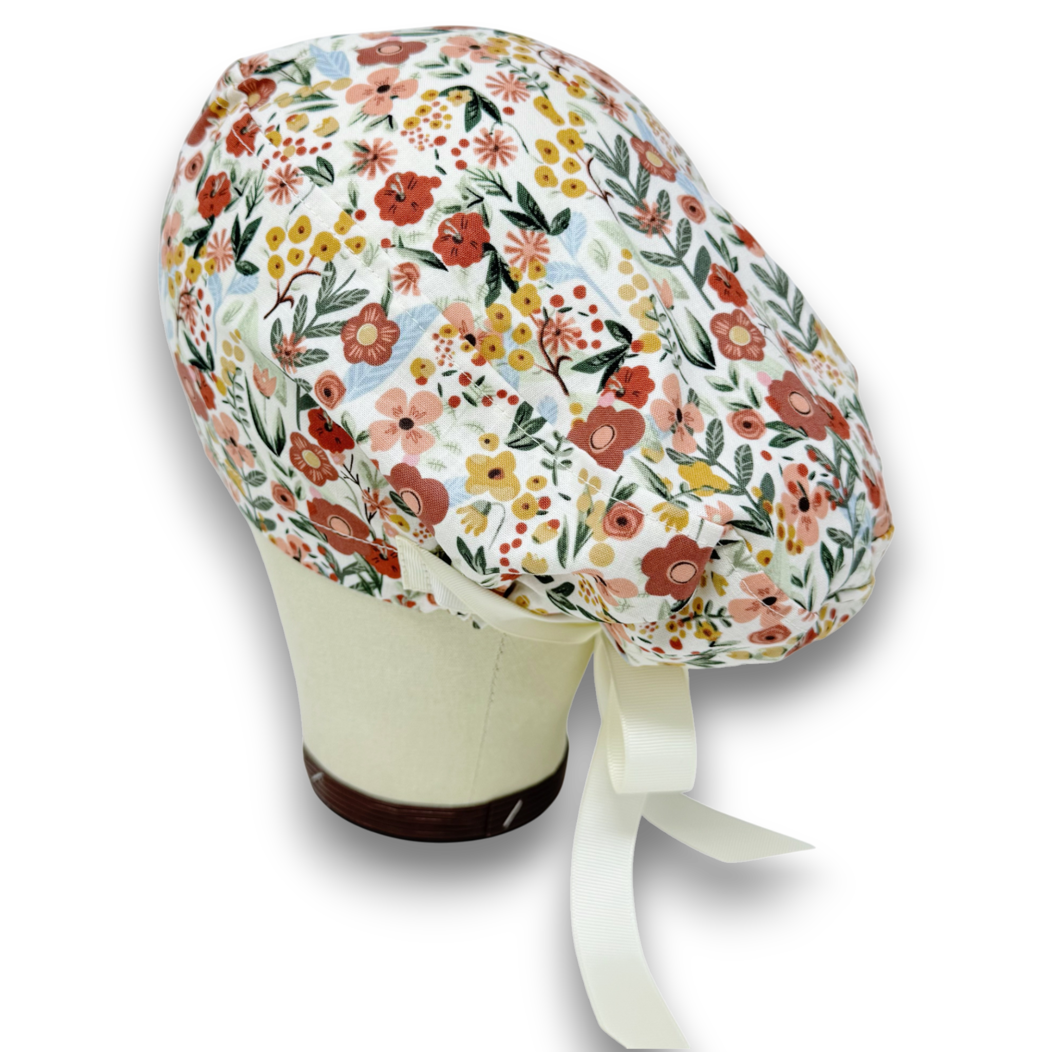 Flowers Euro scrub cap with ties for Women by Paradise Caps. Euro PLUS style.