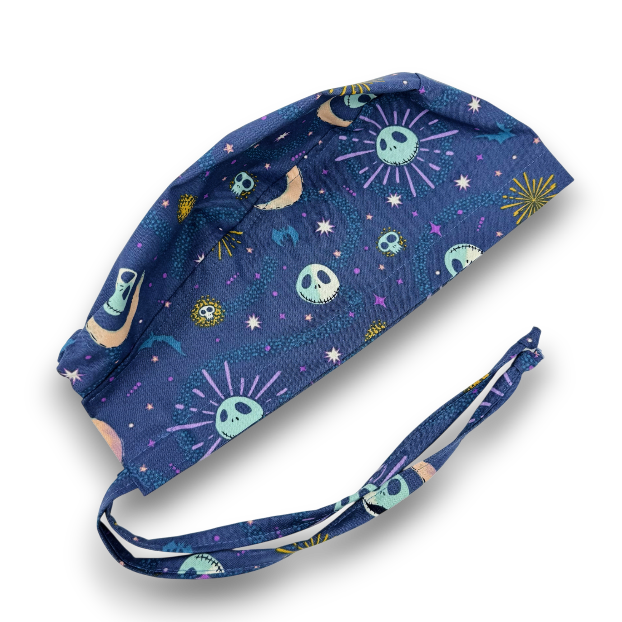 Skelly Moon Skull tie-back style surgical scrub cap for men by Paradise Caps.