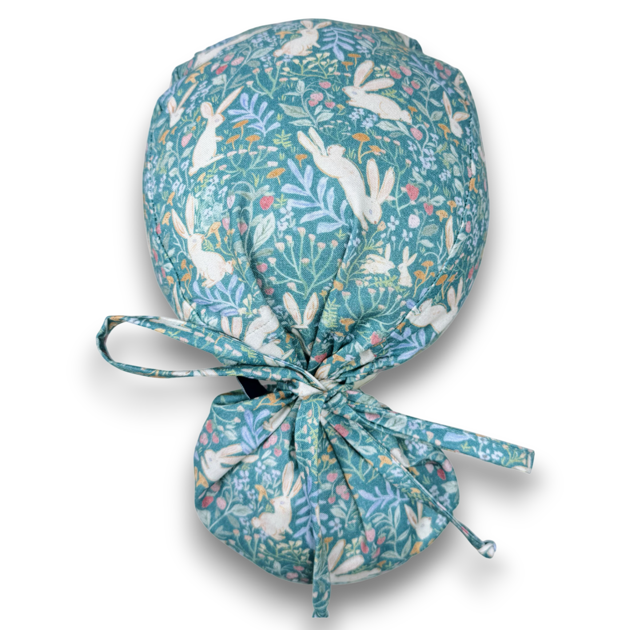 Ponytail scrub cap for women. Bunny Garden Satin Lined Option Surgical hat with ponytail by Paradise Caps. Easter.