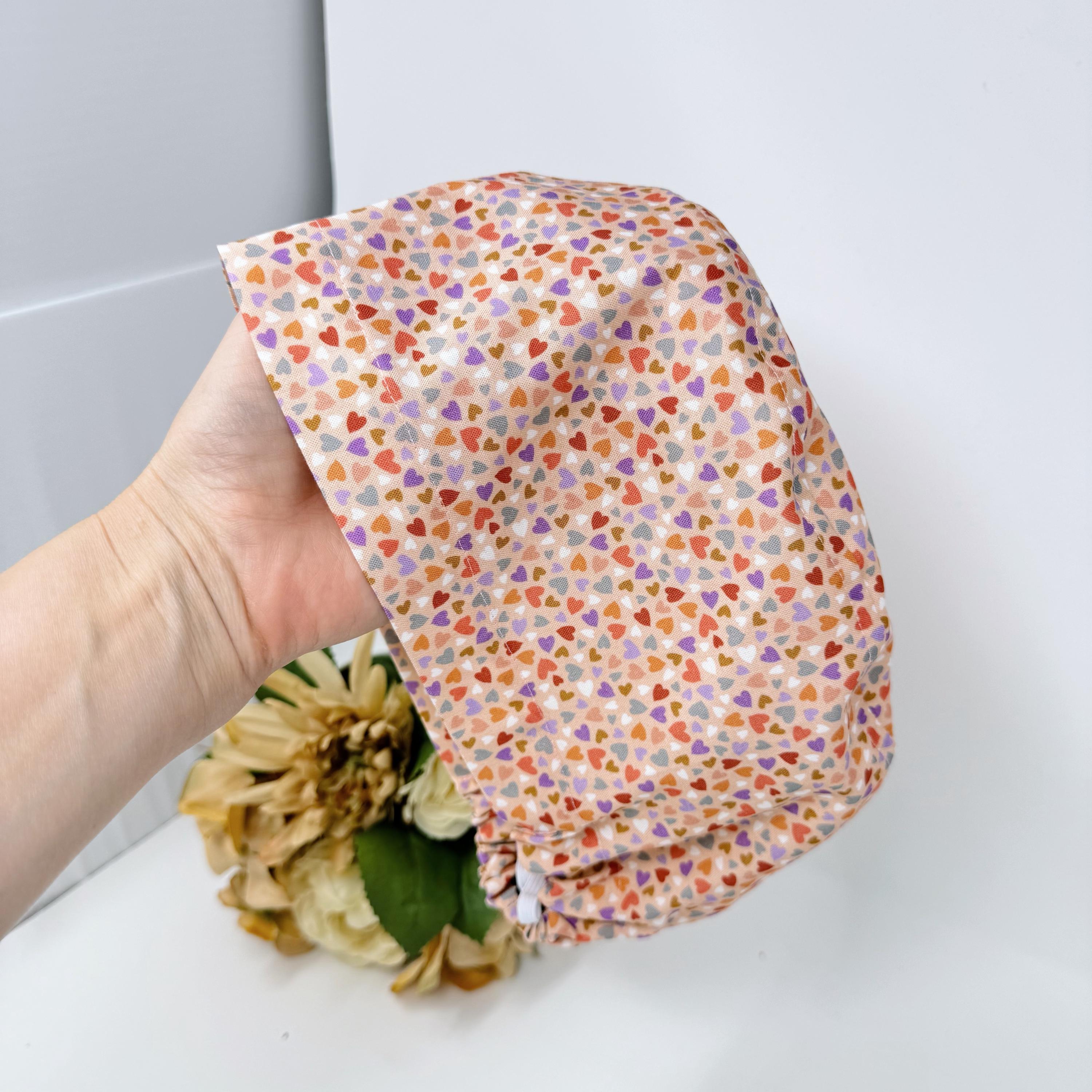 Colorful Hearts Scrub Cap for Women, Pink surgical cap with Satin Lined by Paradise Caps.