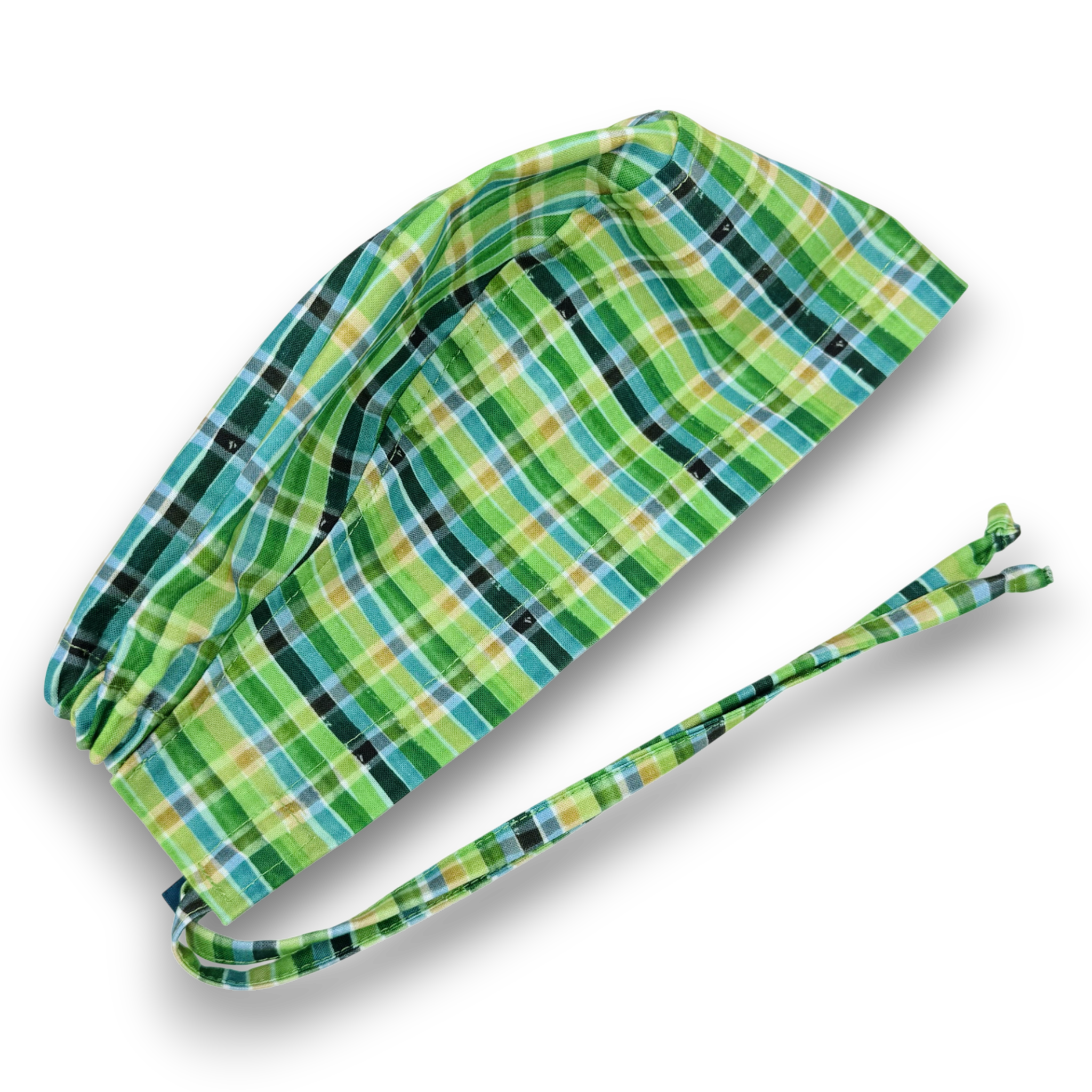 Green plaid Skull tie-back style surgical scrub cap for men by Paradise Caps.
