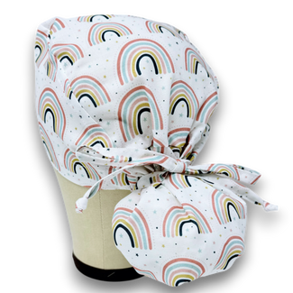 Cute Rainbow Ponytail scrub cap for women with satin lined option by Paradise Caps.