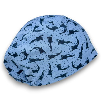 Ocean Orcas Ponytail scrub cap for women with satin lined option by Paradise Caps.