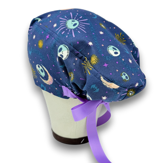 Skelly Moon Euro scrub cap with ties for Women by Paradise Caps. Euro PLUS style.