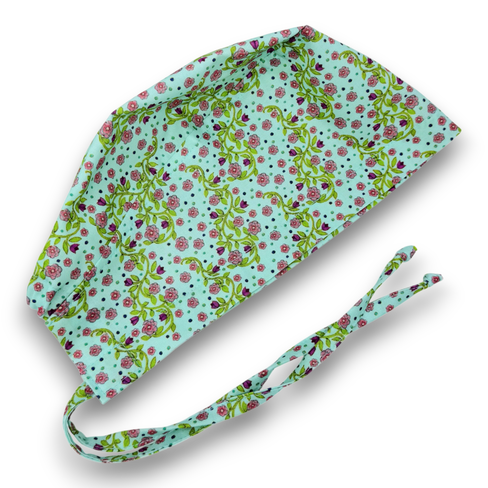 Pink flower skull tie-back style surgical scrub cap by Paradise Caps.