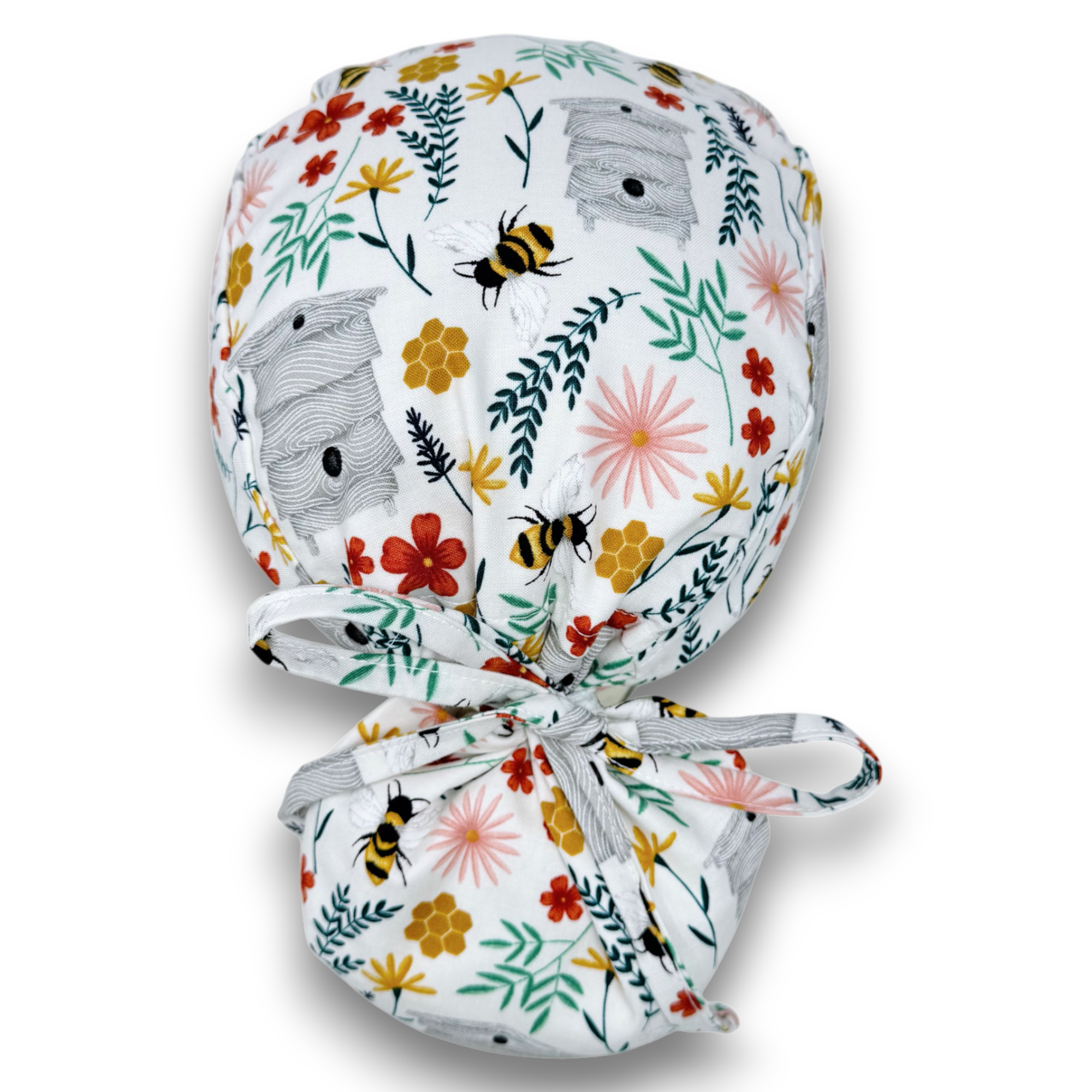 Bee Ponytail scrub cap for women with satin lined option by Paradise Caps.