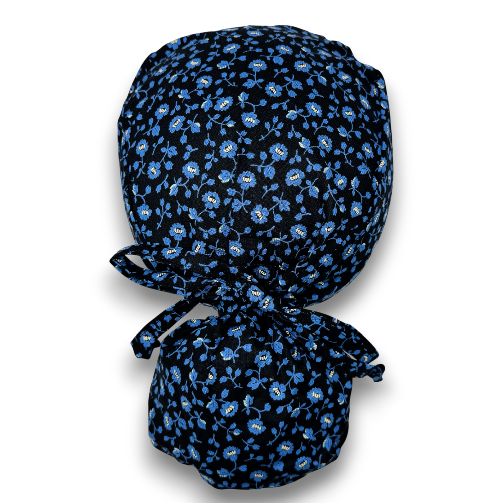Blue Flower Ponytail scrub cap for women with satin lined option by Paradise Caps.