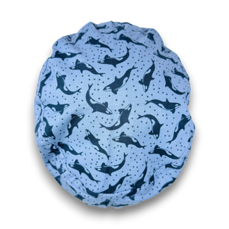 Ocean Orcas Ponytail scrub cap for women with satin lined option by Paradise Caps.