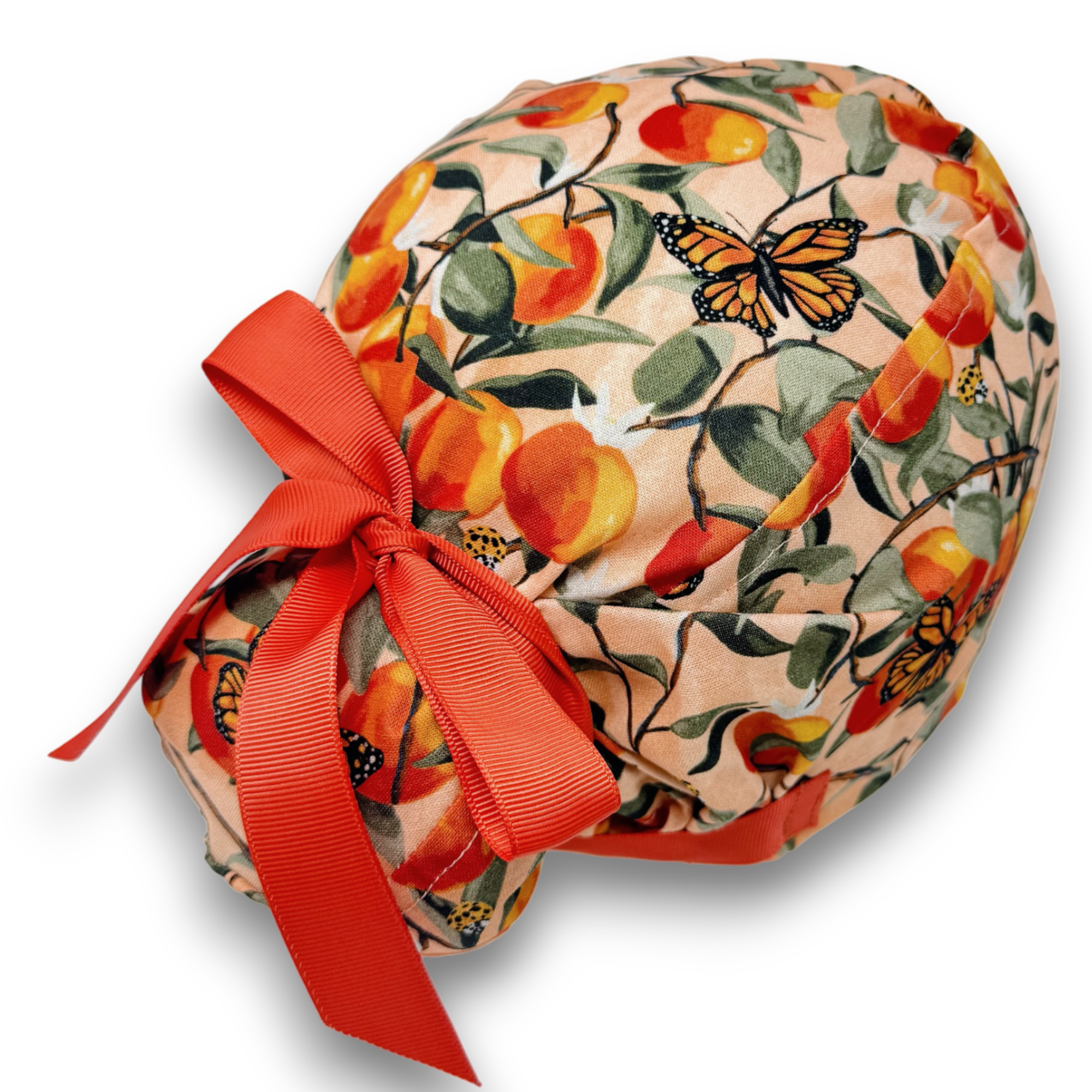 Peach Euro Scrub Cap with Ties – Satin Lined Option by ParadiseCaps, Scrub Hats for Women, European Style Surgical Cap.
