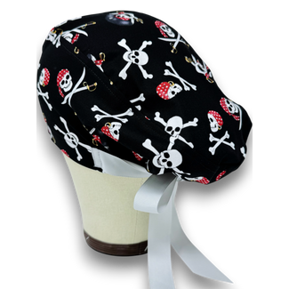 Halloween Euro scrub cap with ties for Women, Pirate European Surgical cap with Satin Lined Option by Paradise Caps. Euro PLUS style.