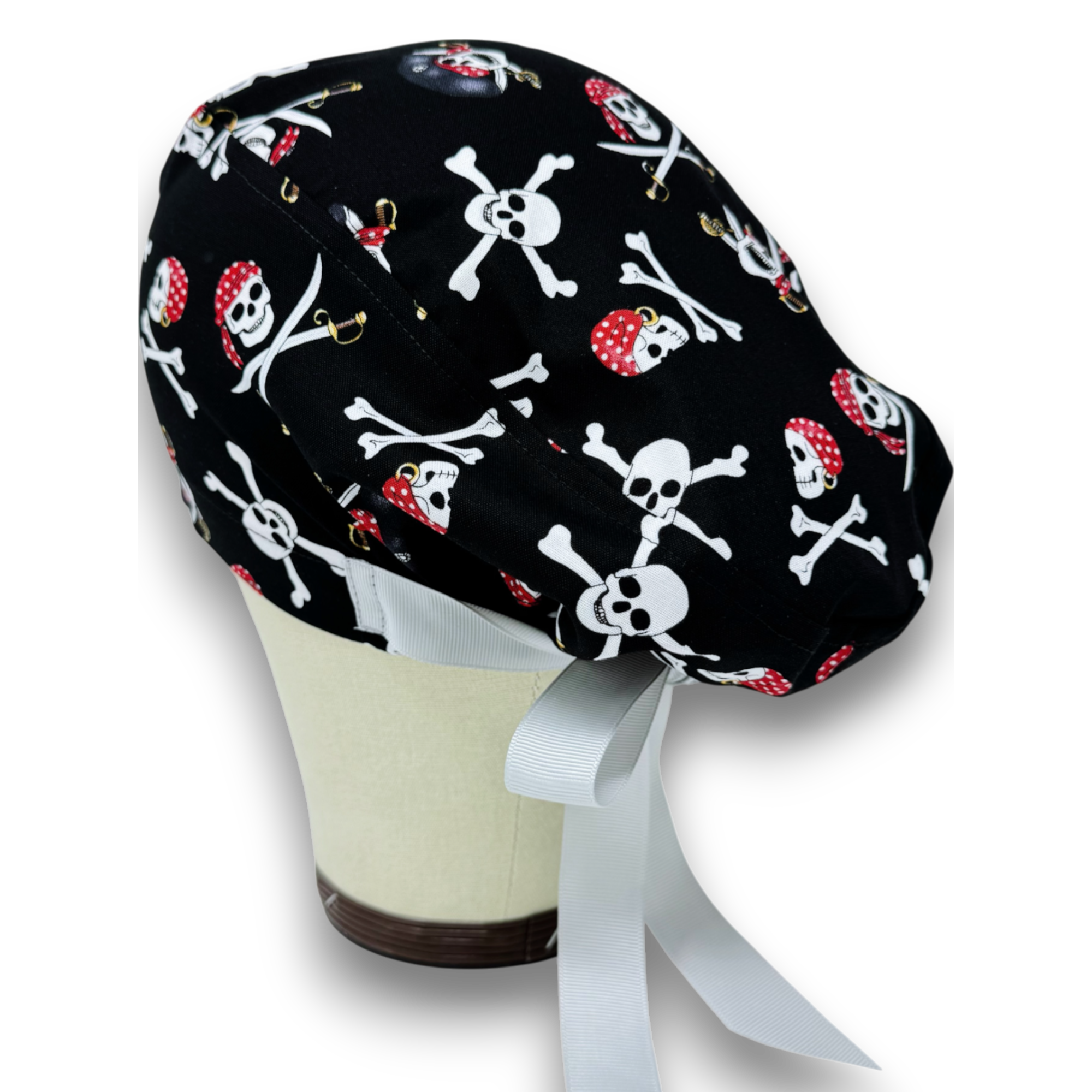 Halloween Euro scrub cap with ties for Women, Pirate European Surgical cap with Satin Lined Option by Paradise Caps. Euro PLUS style.