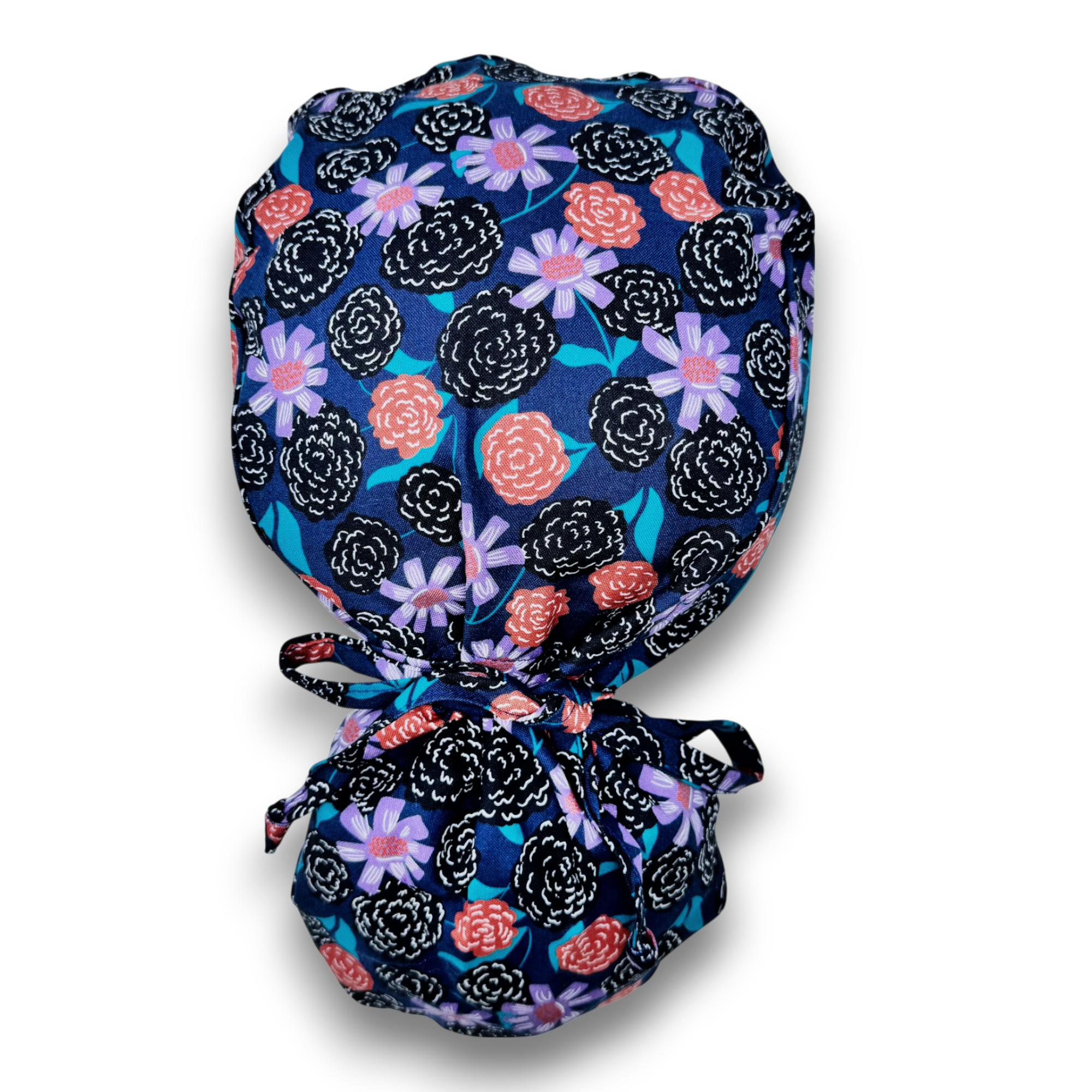 Flower Ponytail scrub cap for women with satin lined option by Paradise Caps.