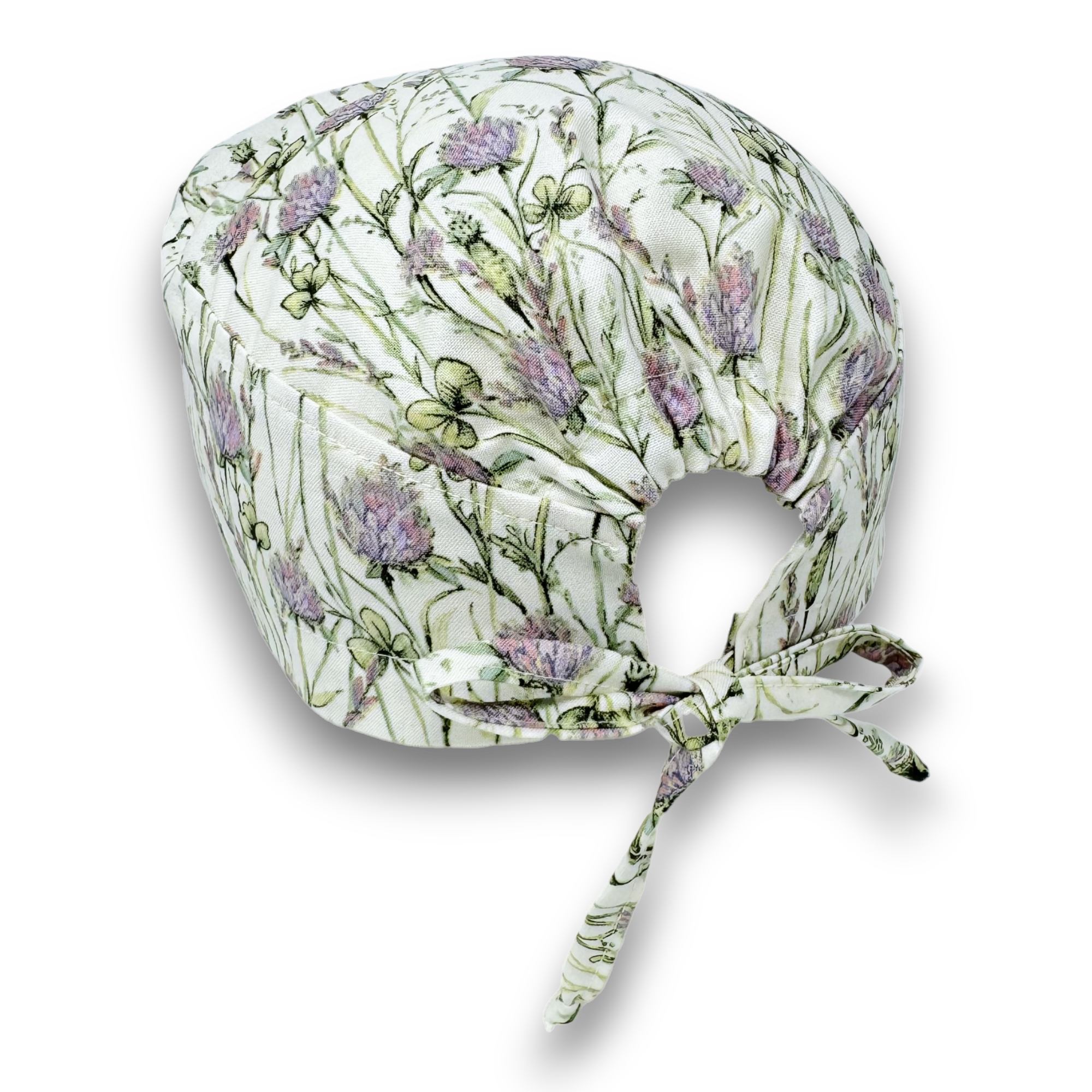 Clover Meadow Skull tie-back style surgical scrub cap by Paradise Caps. Ivory.
