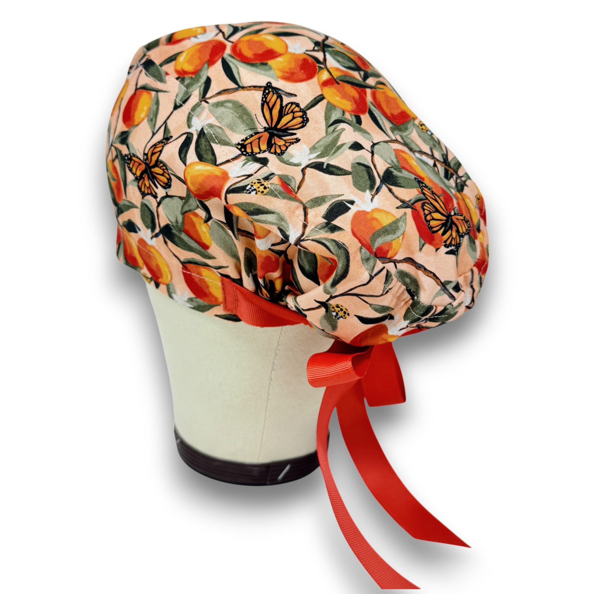 Peach Euro Scrub Cap with Ties – Satin Lined Option by ParadiseCaps, Scrub Hats for Women, European Style Surgical Cap.