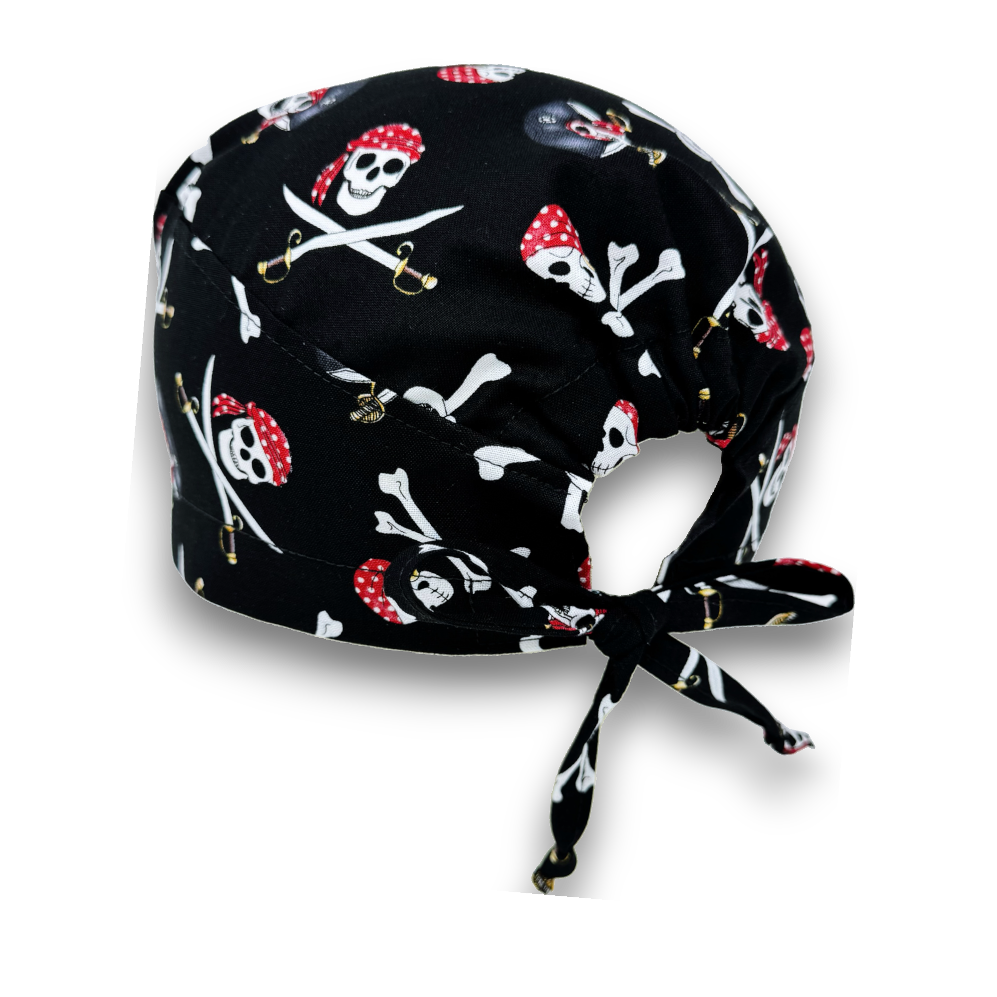 Halloween Men's Scrub Cap. Pirate skull tie-back style surgical cap by Paradise Caps.