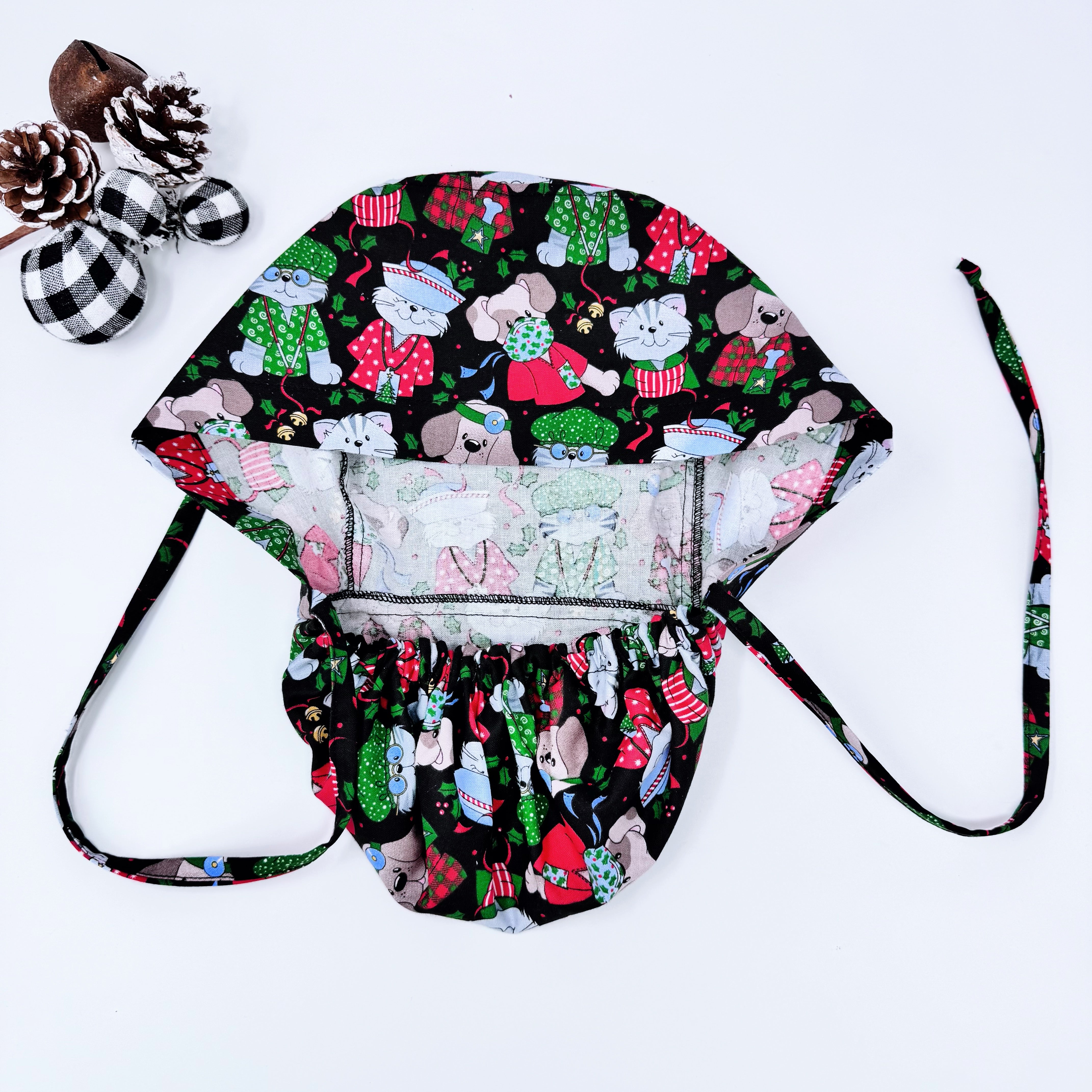 Funny Christmas Ponytail scrub cap for women with satin lined option by Paradise Caps.