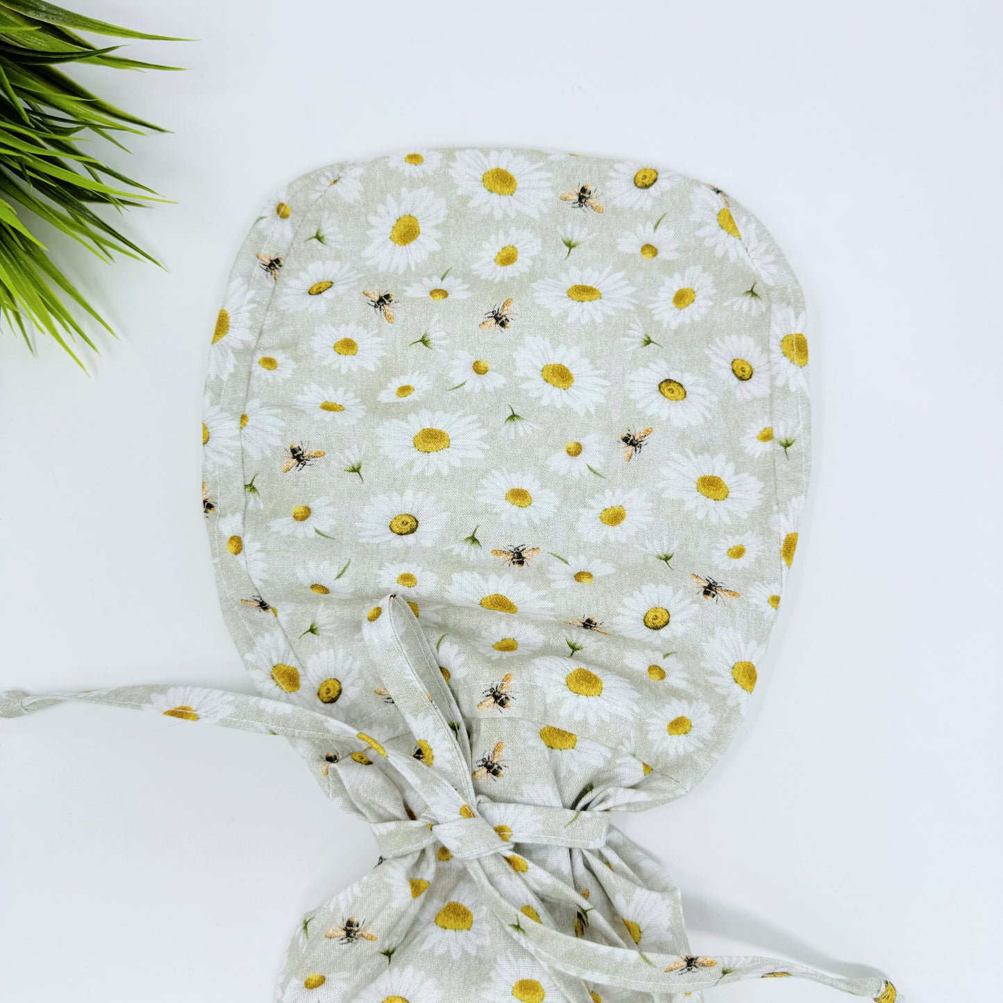 Bee And Daisy Ponytail scrub cap, Surgical cap women. Satin Lined Option Surgical cap with ponytail.