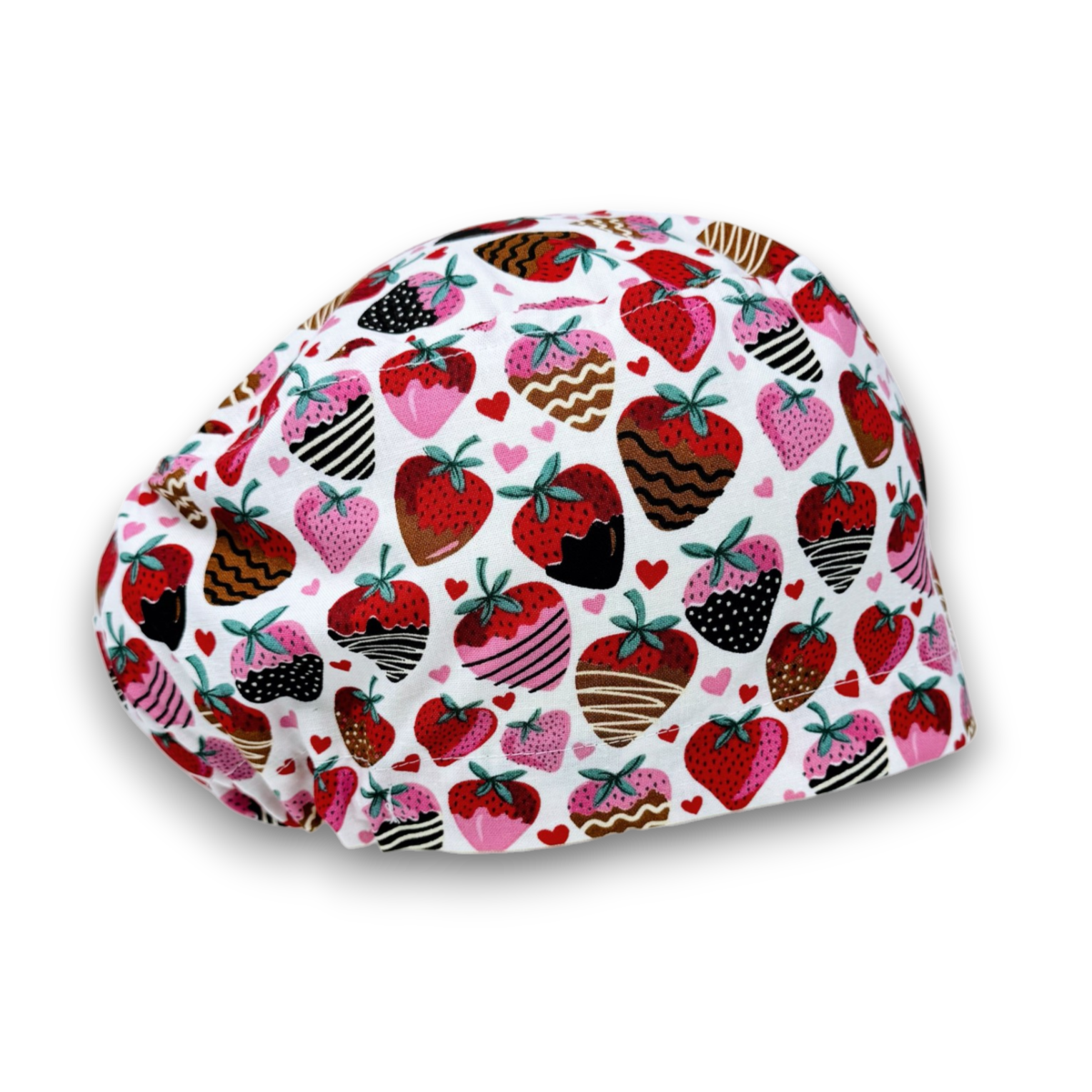 Strawberry Euro Scrub Cap for Women, Valentine's day Surgical hat with Satin Lined Option by Paradise Caps.