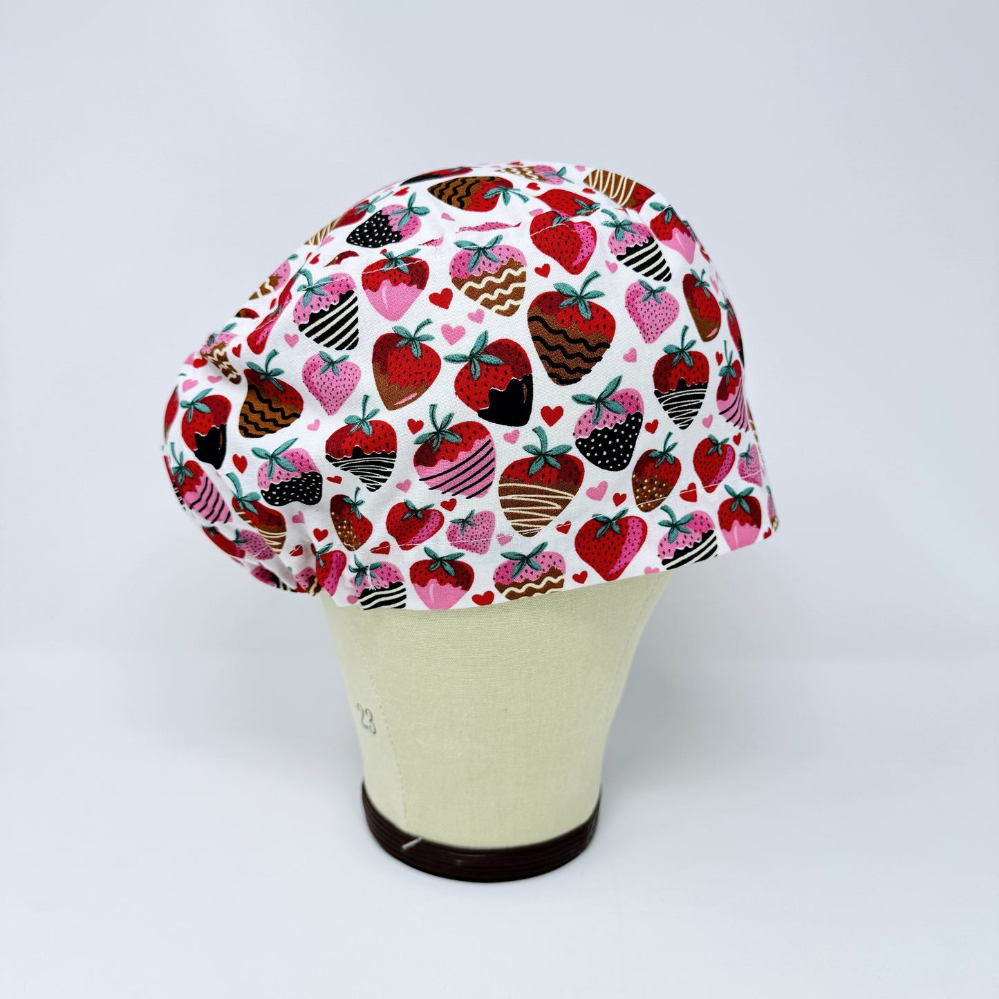 Strawberry Euro Scrub Cap for Women, Valentine's day Surgical hat with Satin Lined Option by Paradise Caps.