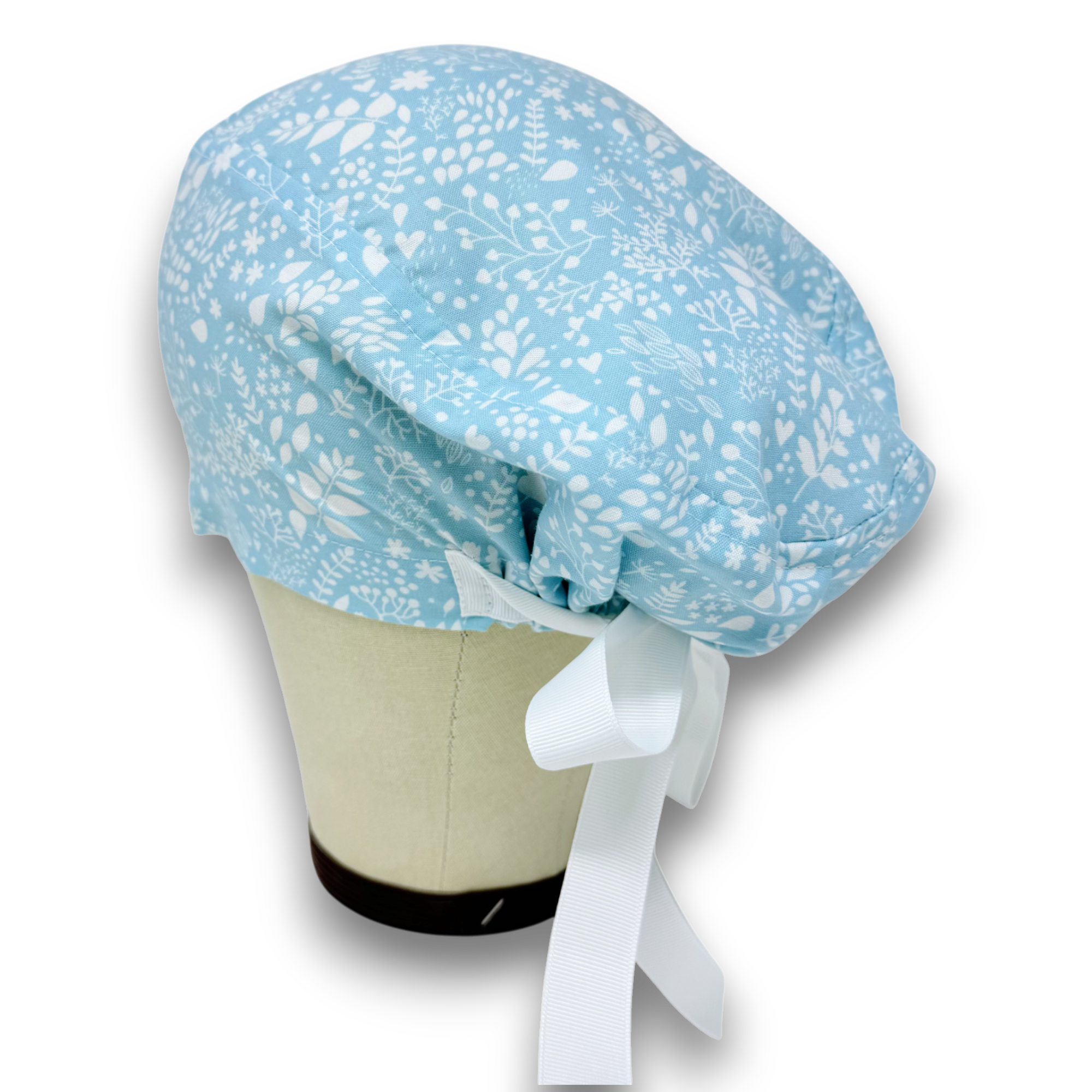 Light Blue Floral Euro scrub cap with ties for Women by Paradise Caps. Euro PLUS style.