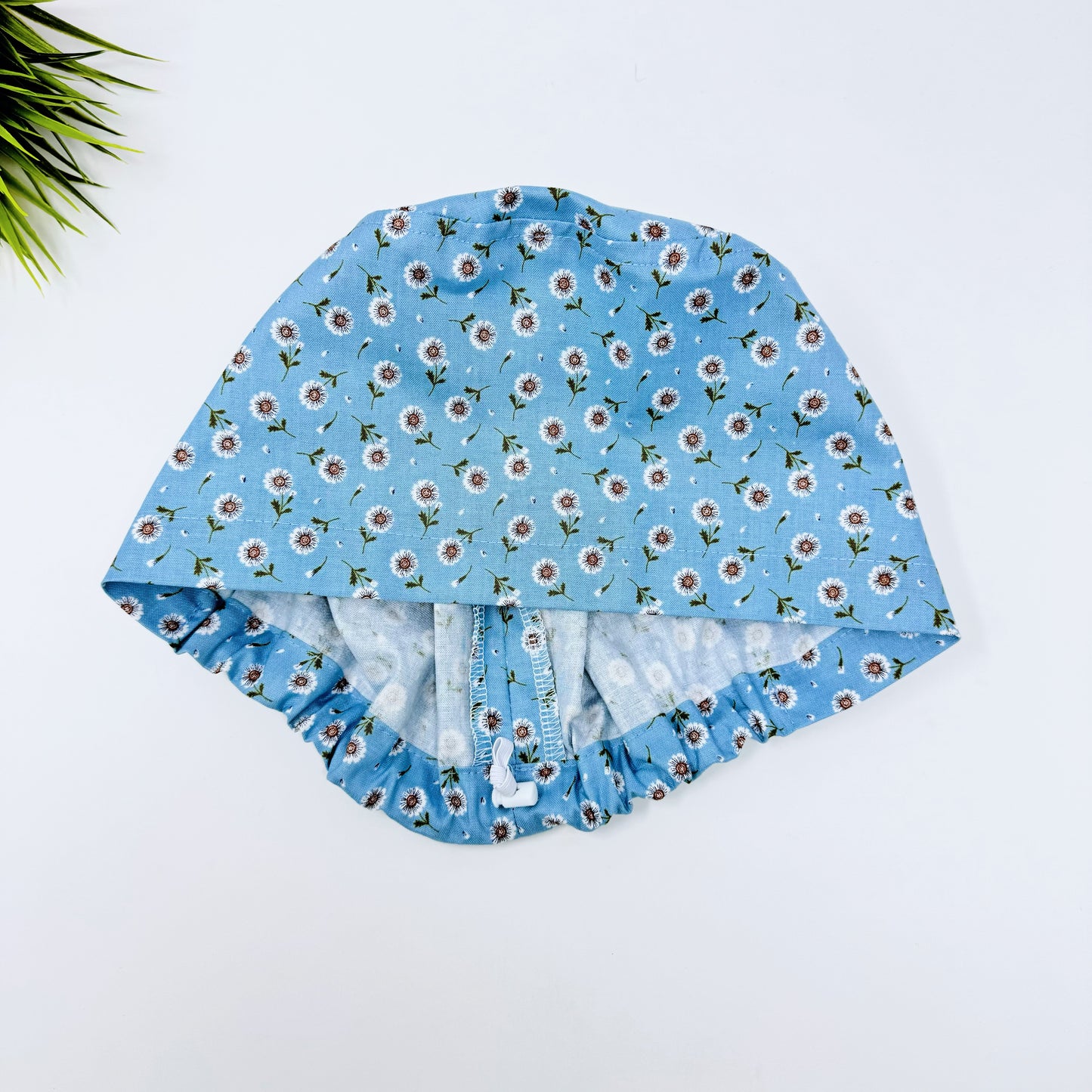 Tossed DaisIes Blue Euro Scrub Cap for Women, Surgical cap Satin Lined Option