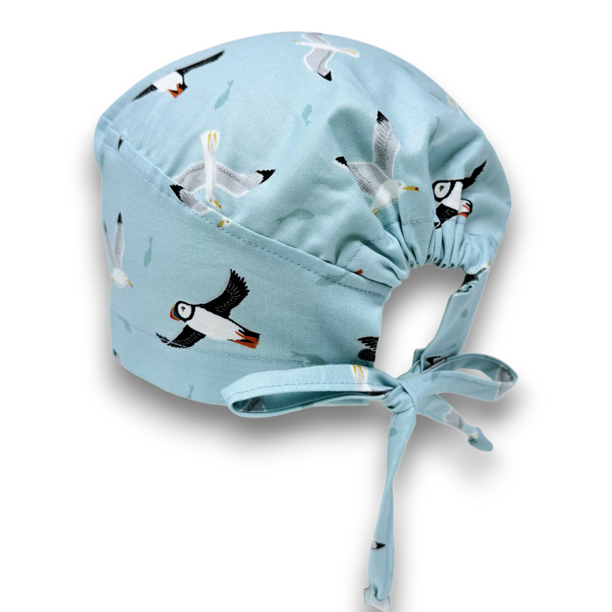 Puffin Skull tie-back style surgical scrub cap for men by Paradise Caps.