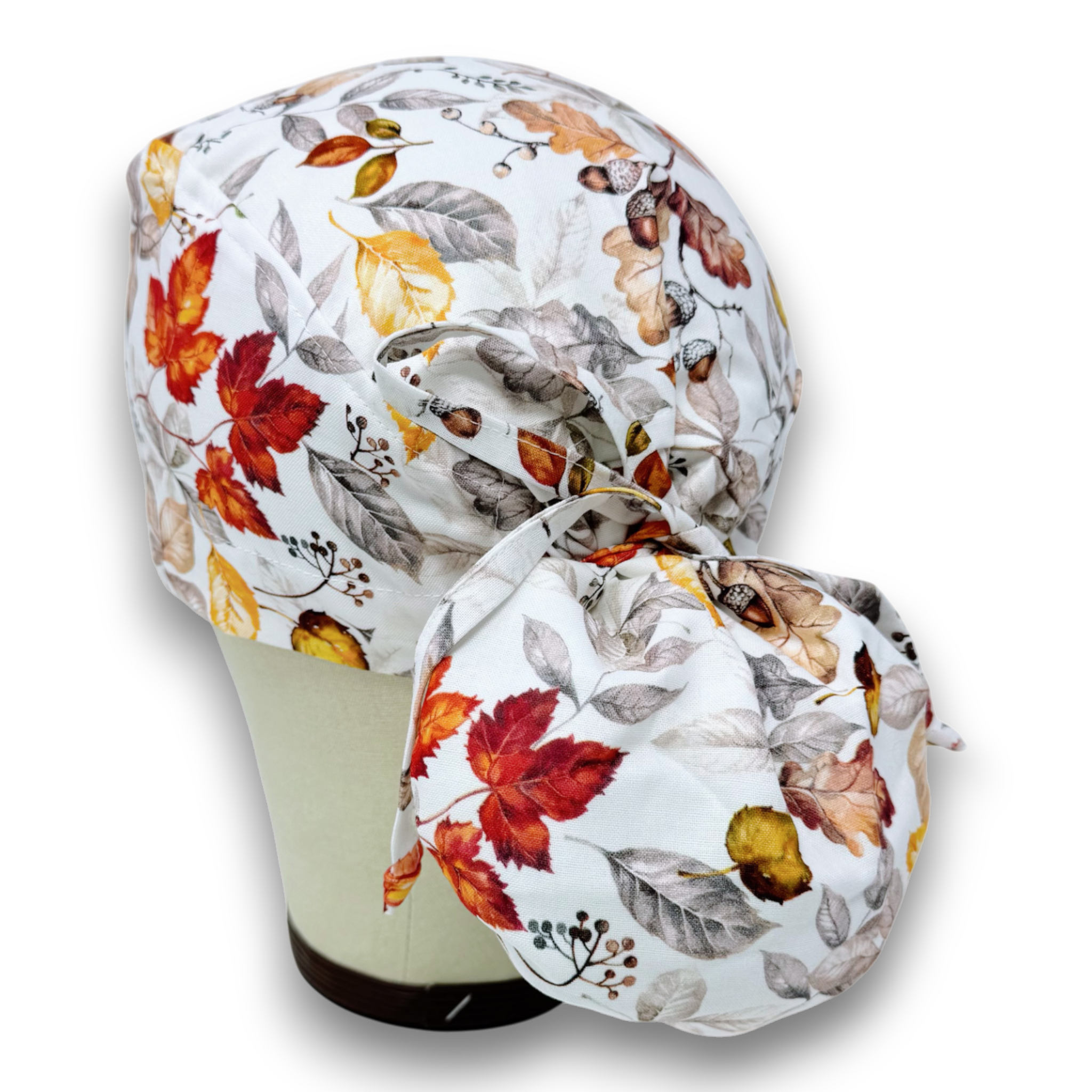 Fall Acorns And Leaves Ponytail scrub cap for women with satin lined option by Paradise Caps.