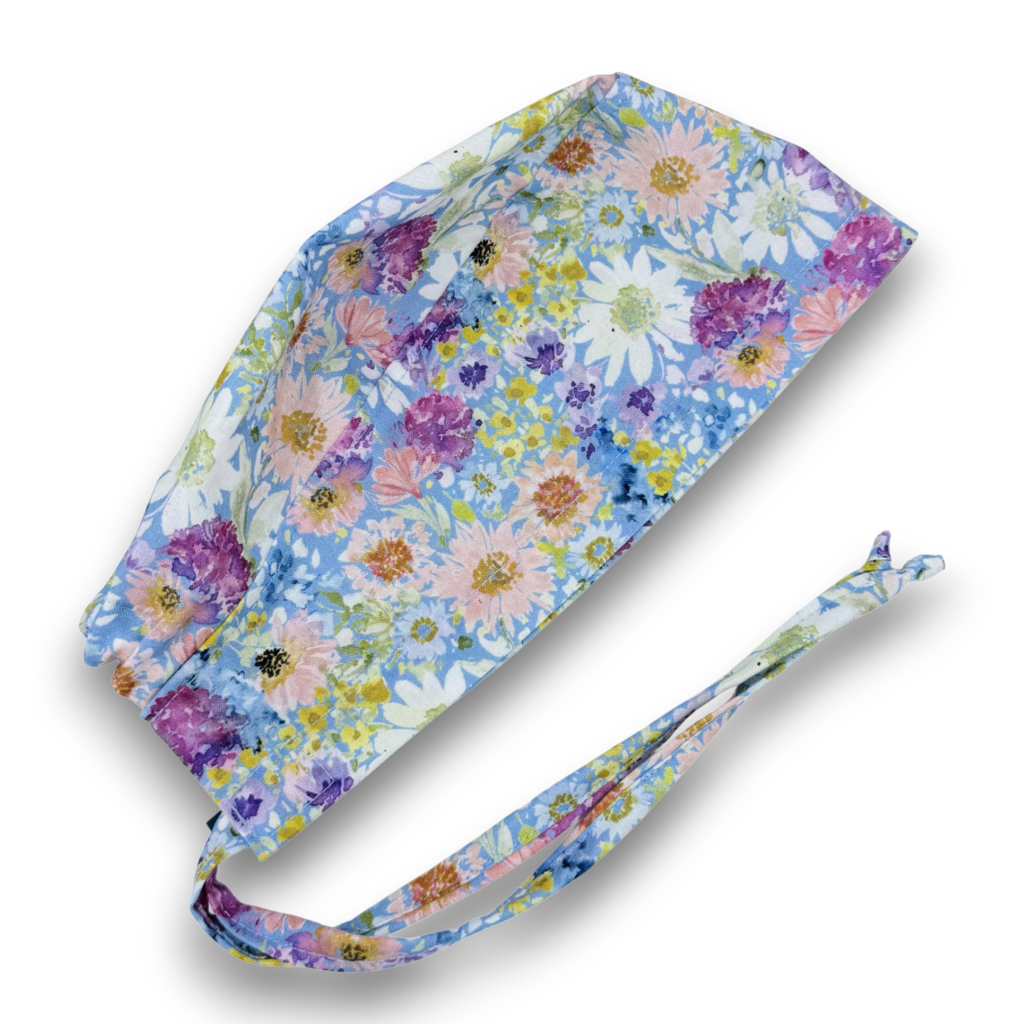 Watercolor Floral skull tie-back style surgical scrub cap by Paradise Caps.