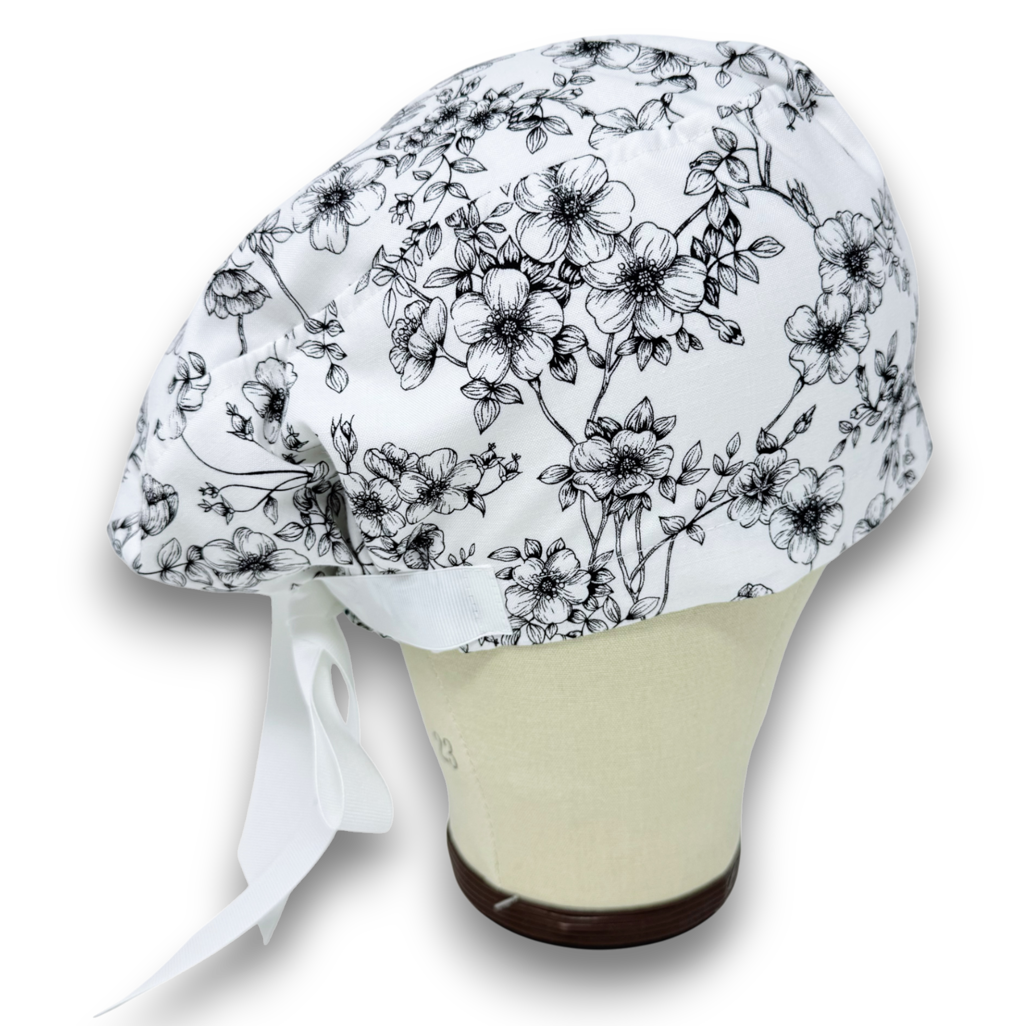 Flowers on white Euro PLUS style with ties Scrub Cap for Women, European Surgical cap with Satin Lined Option.