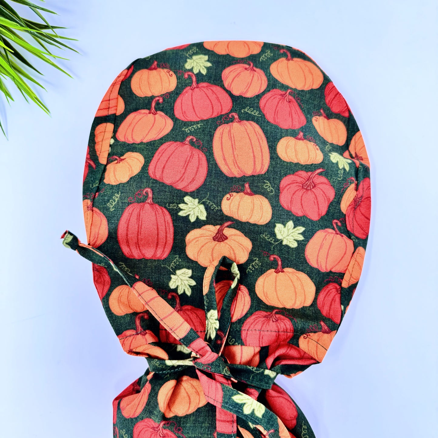 Dark Green Rustic Pumpkins Ponytail scrub cap, Surgical cap women. Satin Lined Option Surgical cap with ponytail.