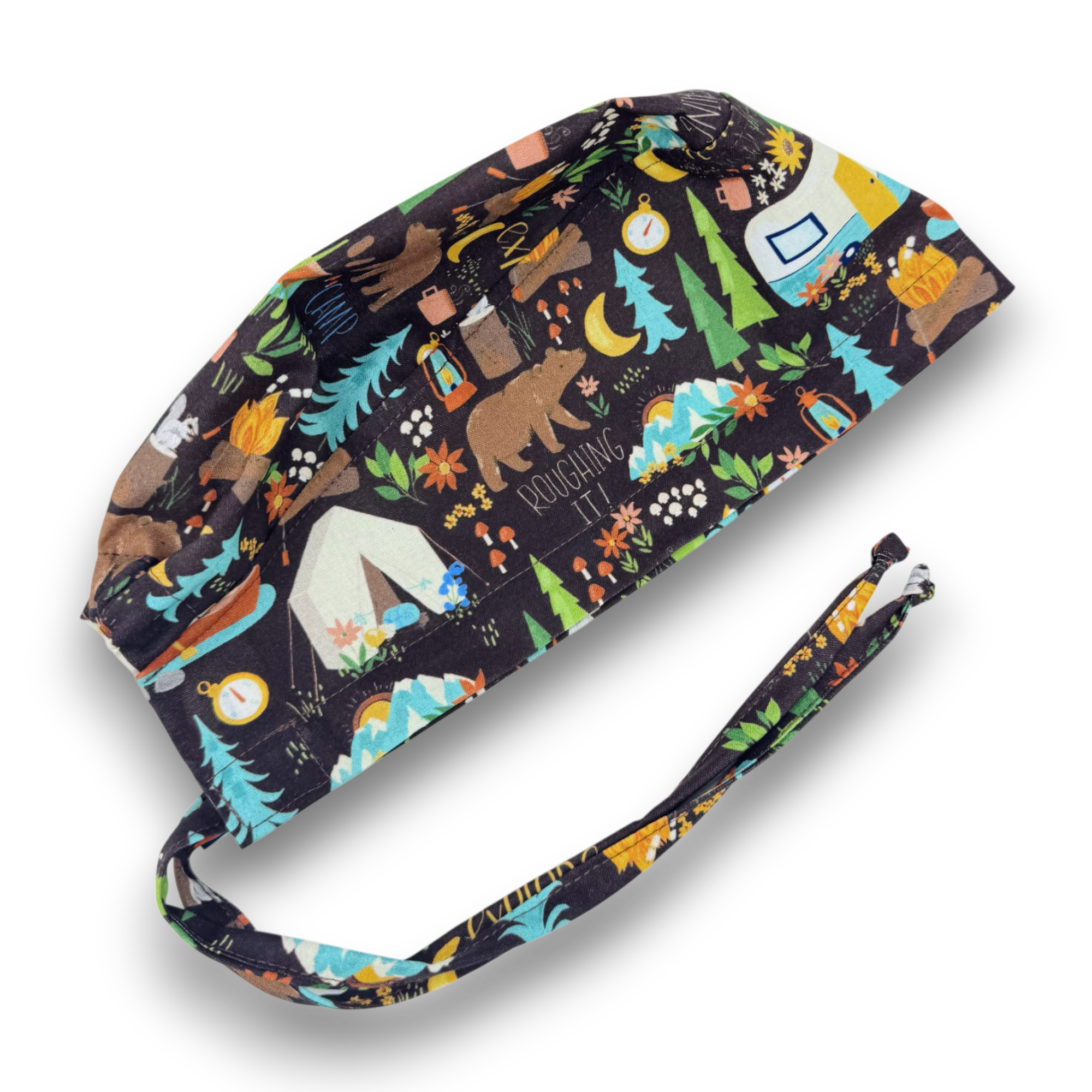 Camping Skull tie-back style surgical scrub cap for men by Paradise Caps.