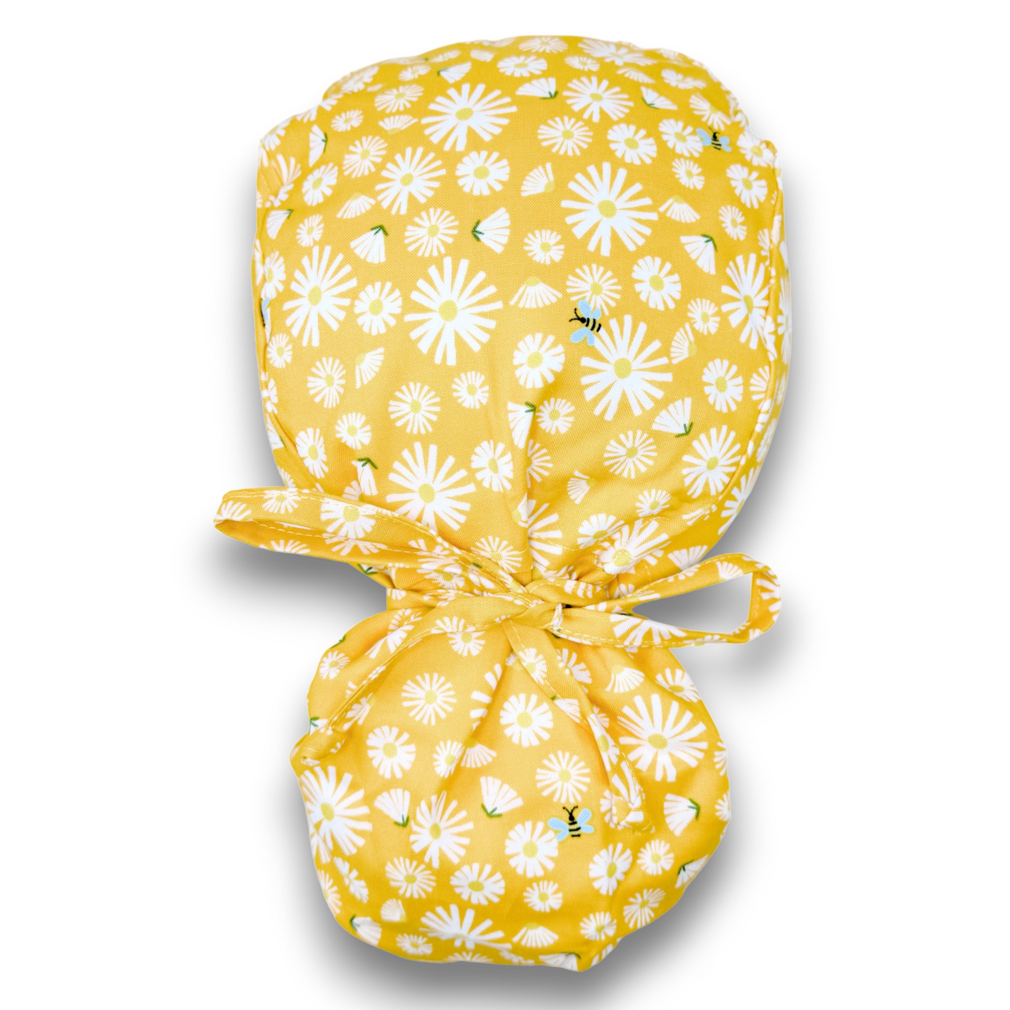 Yellow flowers Ponytail scrub cap for women with satin lined option by Paradise Caps.