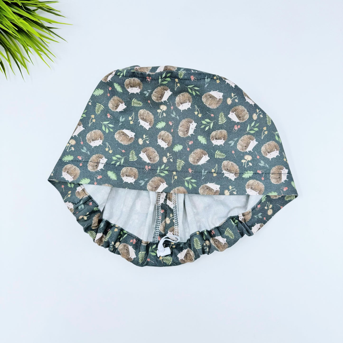 Hedgehog and Mushrooms Euro Scrub Cap for Women, Surgical cap Satin Lined Option