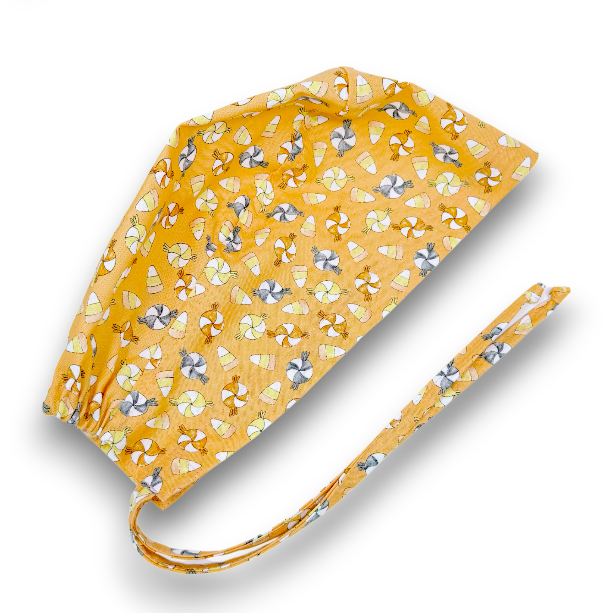 Candy Corn Skull tie-back style surgical scrub cap for men by Paradise Caps.