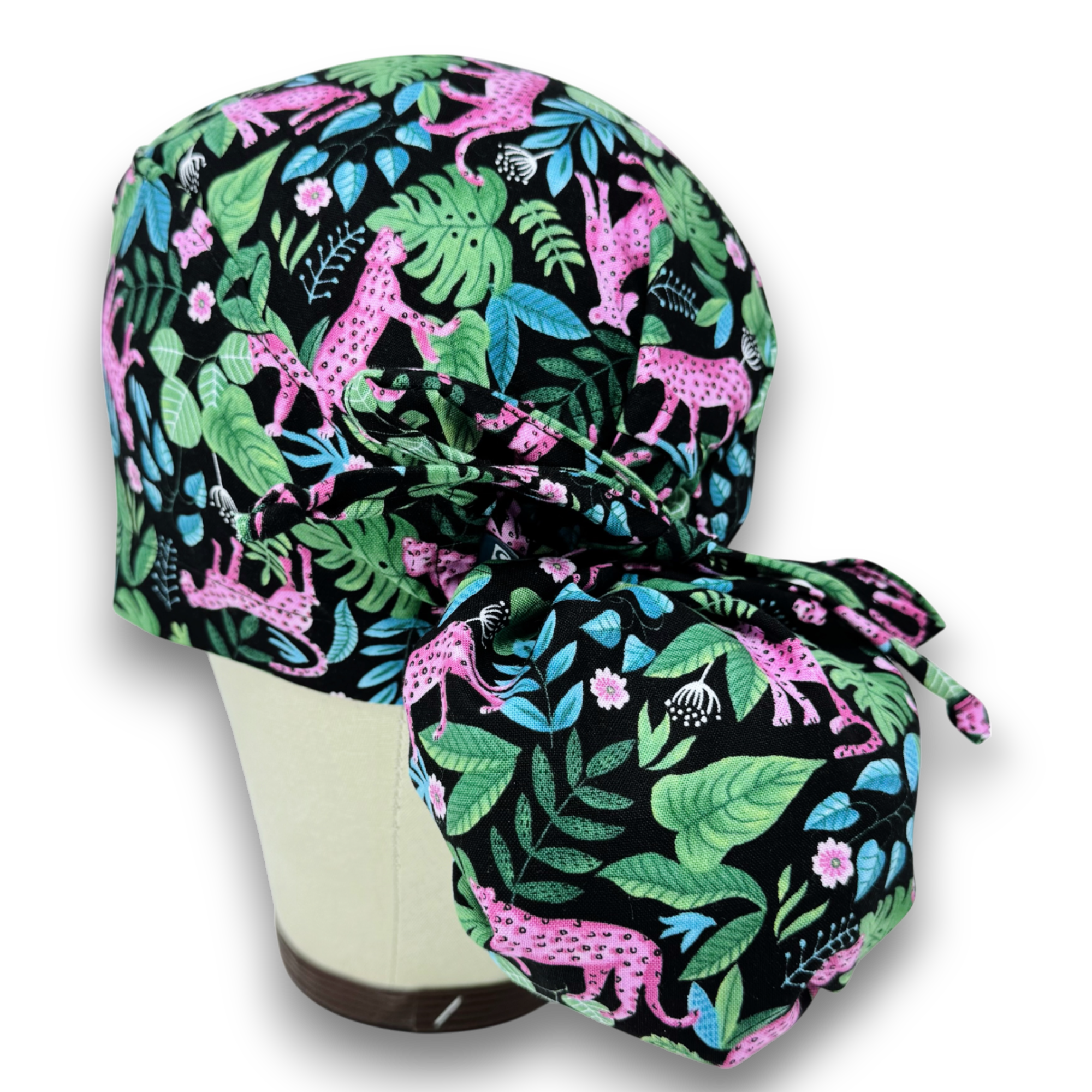 Leopard Ponytail scrub cap for women with satin lined option by Paradise Caps.
