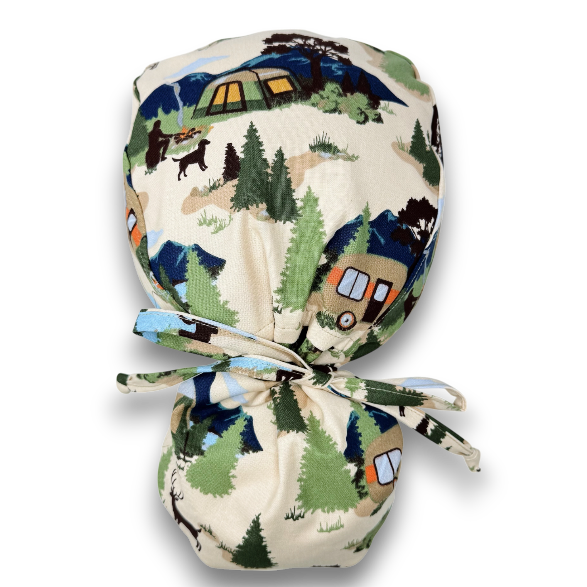 Camping Ponytail scrub cap for women with satin lined option by Paradise Caps.