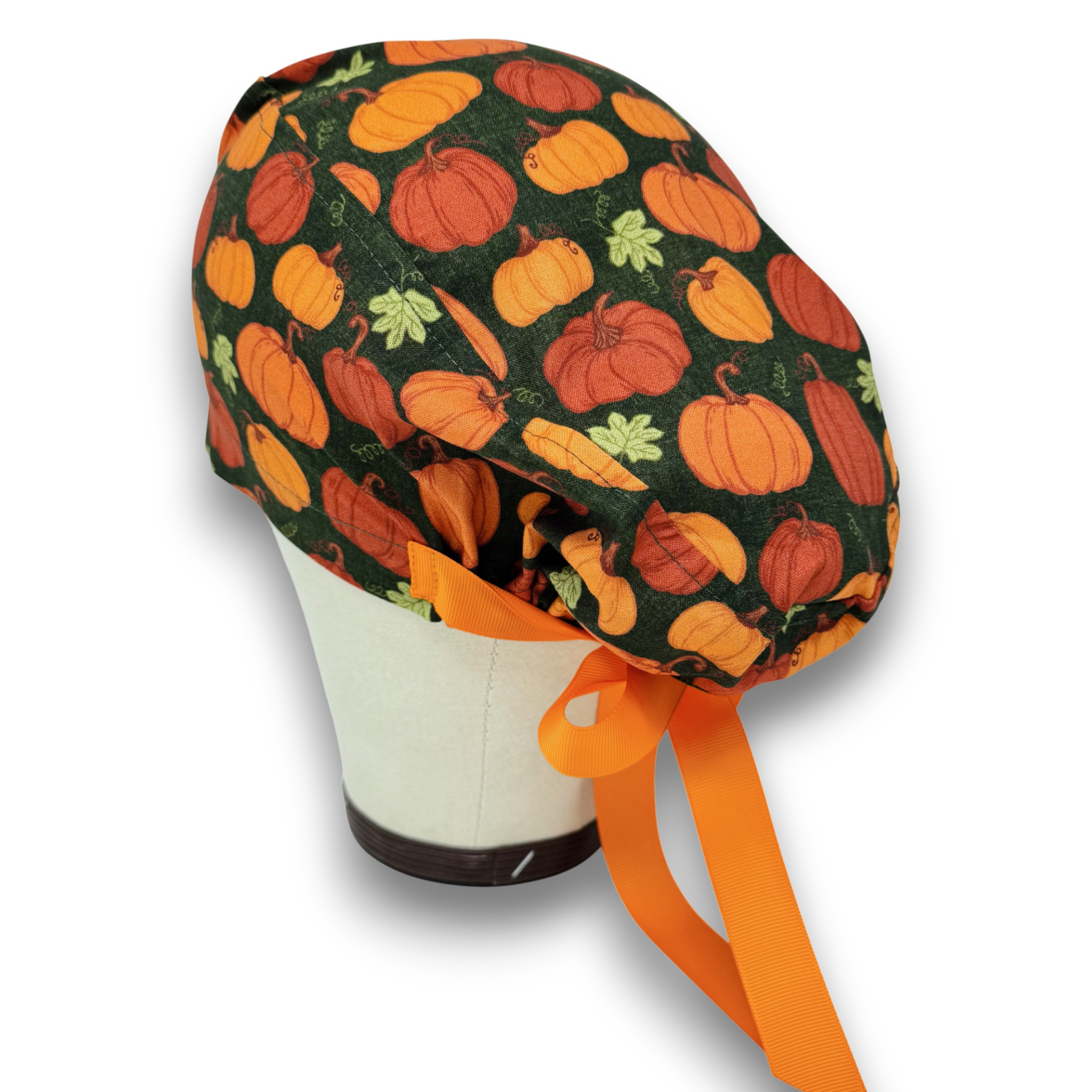 Dark Green Rustic Pumpkins Euro scrub cap with ties for Women by Paradise Caps. Euro PLUS style.