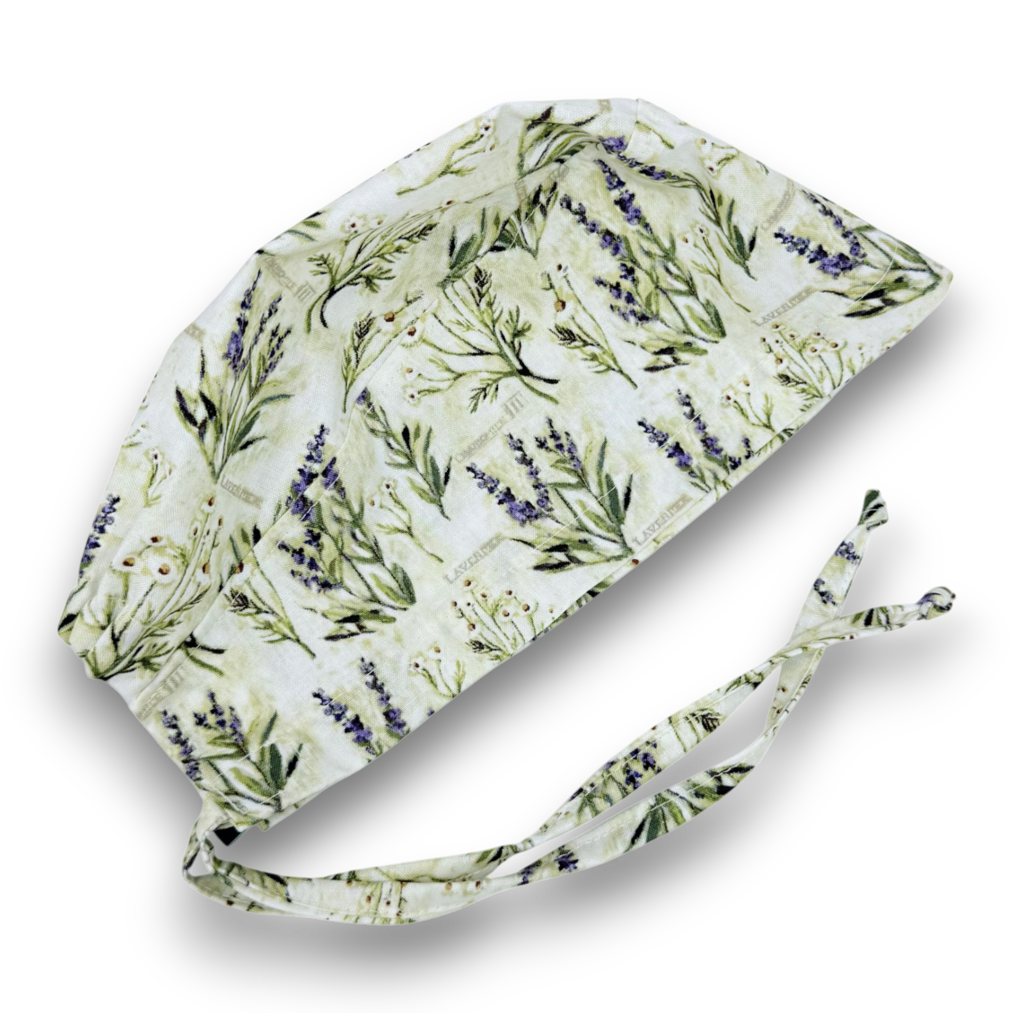 Lavender scrub cap. Skull tie-back style surgical scrub cap by Paradise Caps. Ivory.
