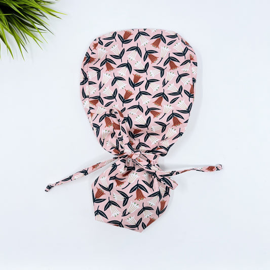 Lilies Ponytail scrub cap, Surgical cap from 100% Organic Cotton.