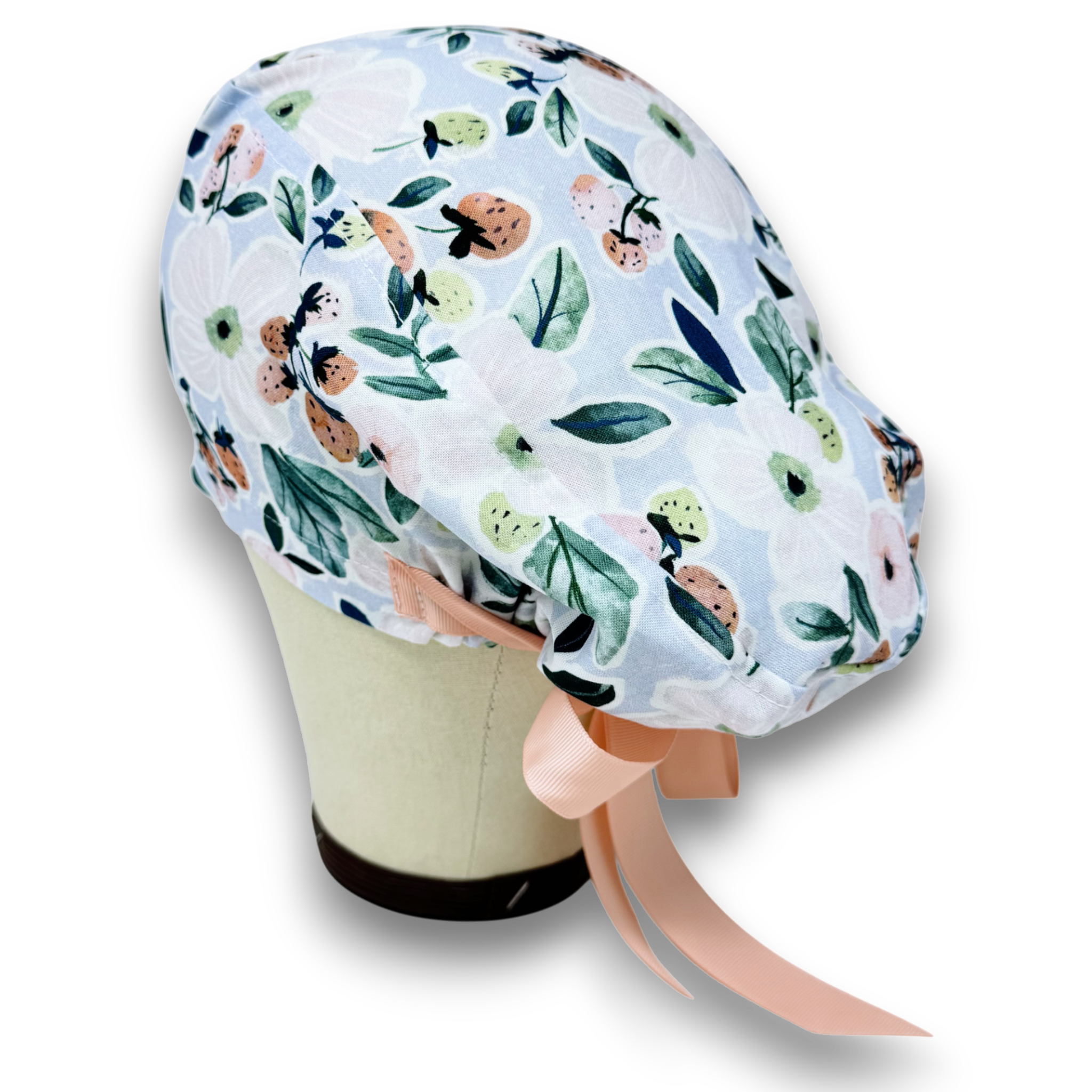 Euro scrub cap with ties for Women, Strawberry Bloom European Surgical cap with Satin Lined by Paradise Caps. Euro PLUS style.