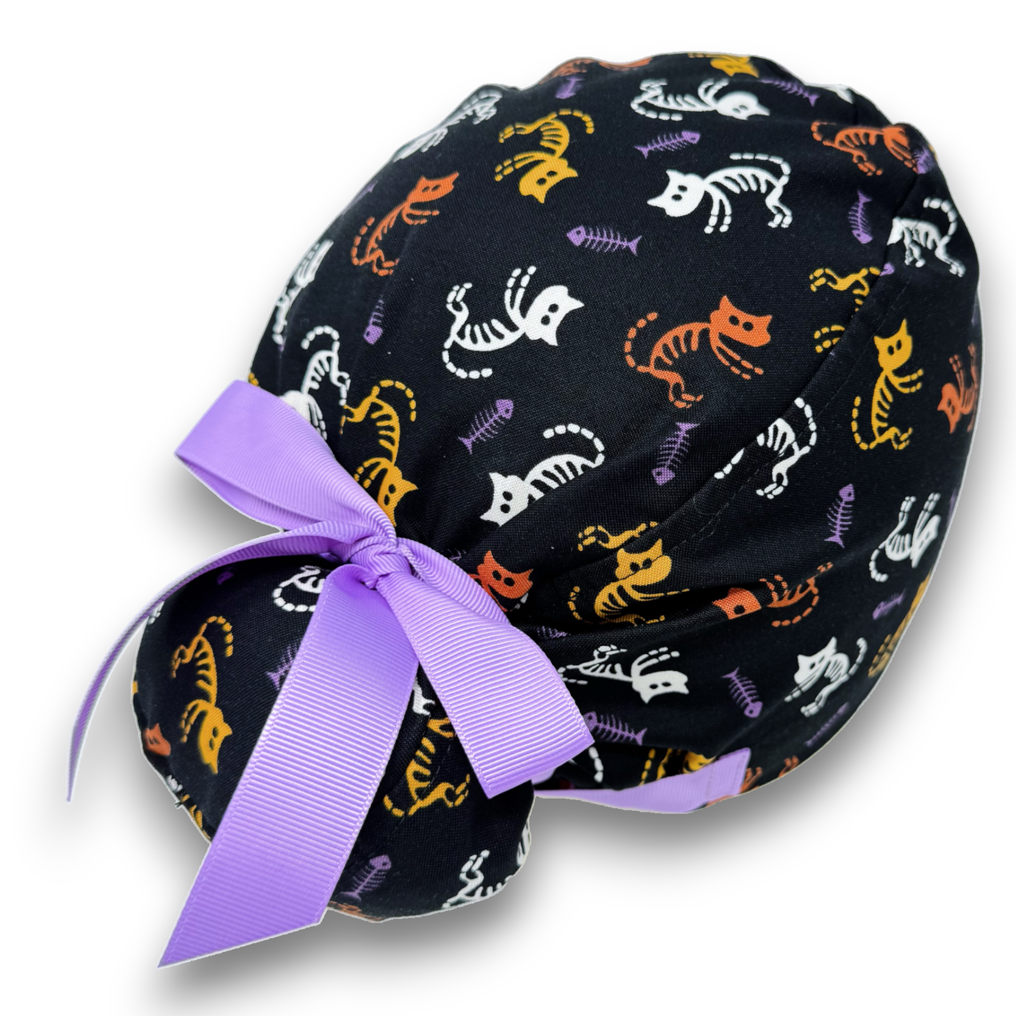 Skeleton Cat Euro scrub cap with ties for Women by Paradise Caps. Euro PLUS style.
