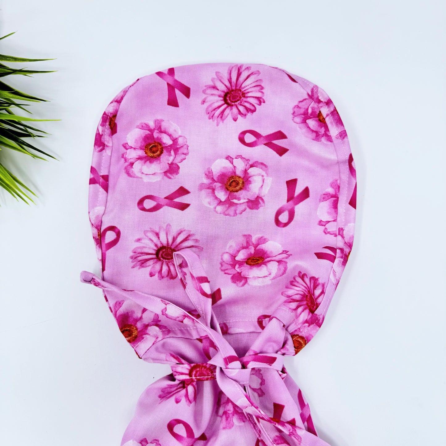 Pink Flower Ribbon Ponytail scrub cap, Surgical cap women. Satin Lined Option Surgical cap with ponytail.