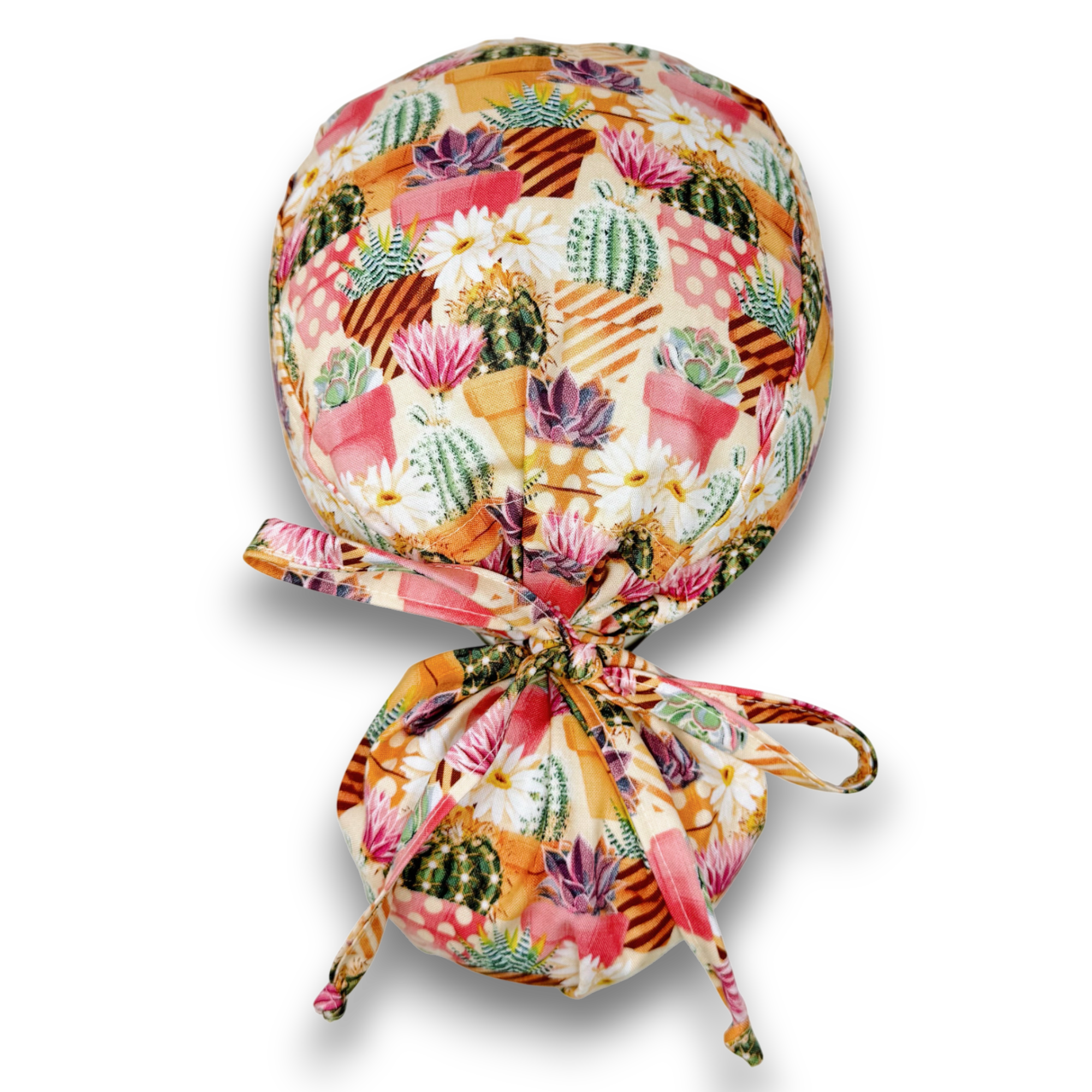 Cactus surgical cap for women with ponytail. Plant Ponytail scrub hat satin lined option by Paradise Caps.