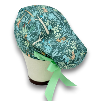 Euro scrub cap with ties for Women. Tropical Print European Surgical cap with satin lined option by Paradise Caps. Euro PLUS style.