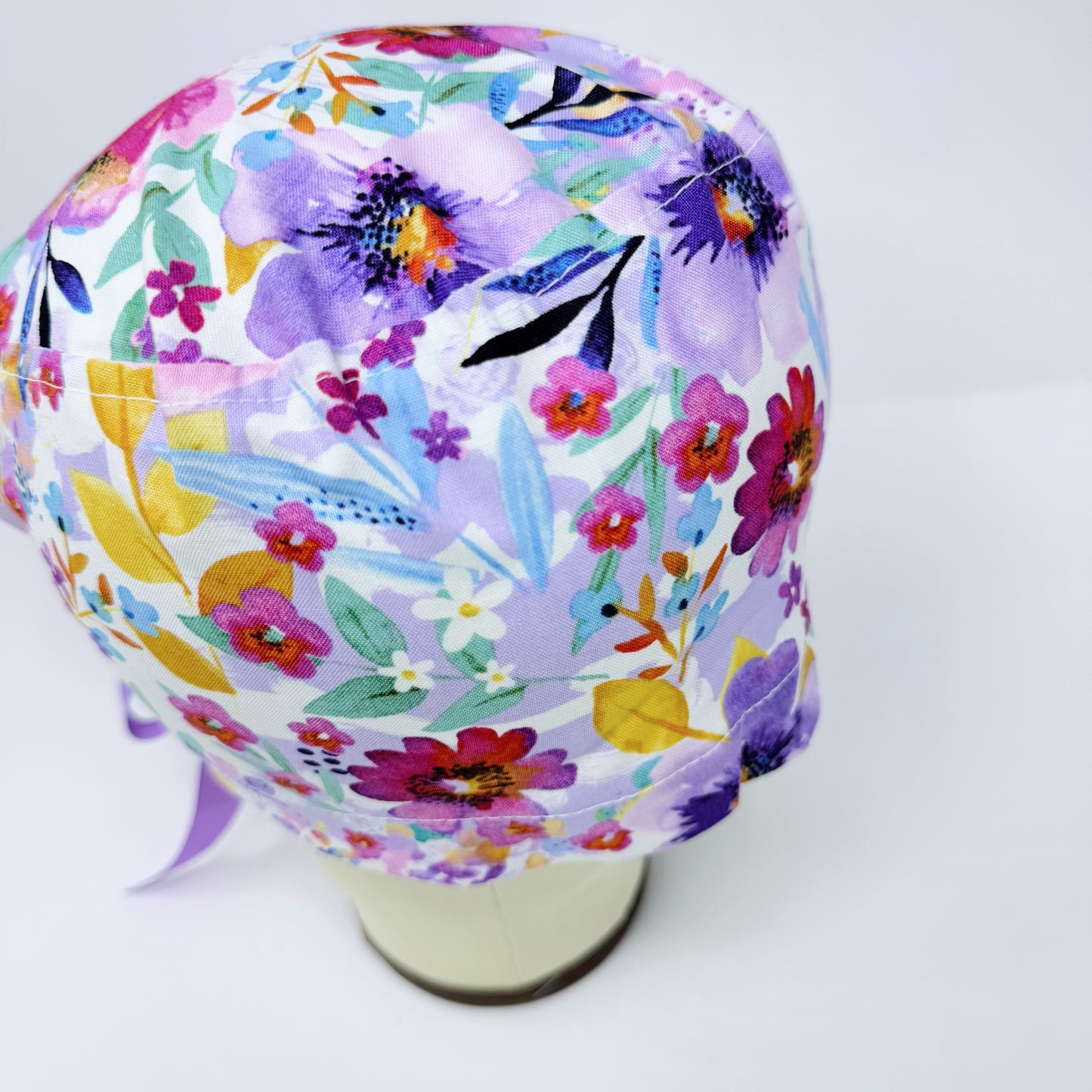 Floral Euro scrub cap with ties for Women, Purple flower European Surgical cap with Satin Lined by Paradise Caps.