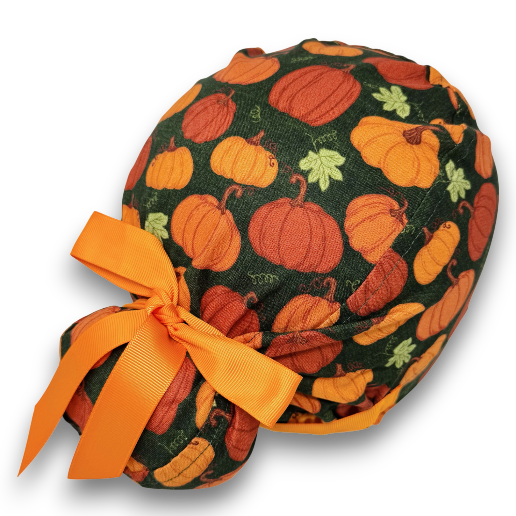 Dark Green Rustic Pumpkins Euro scrub cap with ties for Women by Paradise Caps. Euro PLUS style.